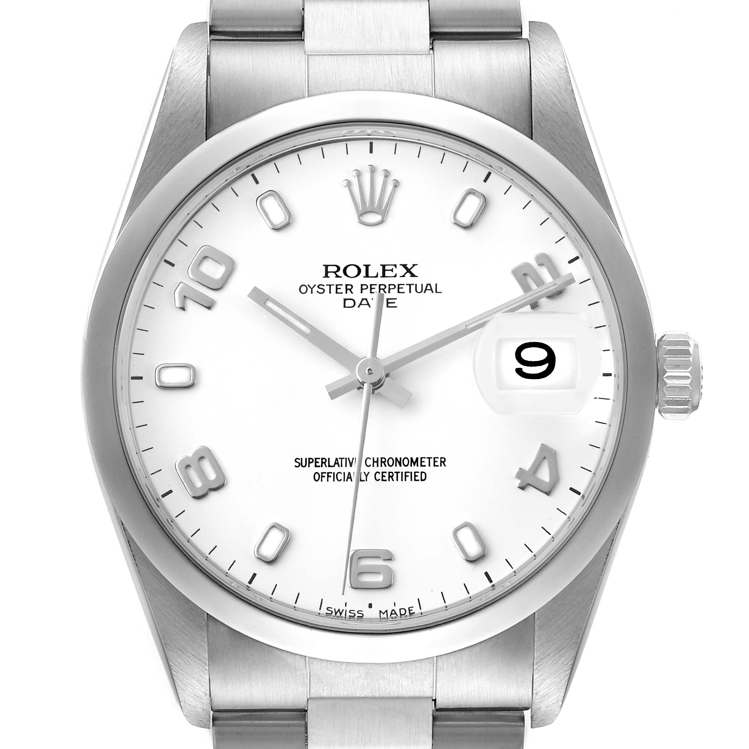 This image shows a front view of the Rolex Oyster Perpetual Date model, highlighting the dial, crown, and part of the bracelet.