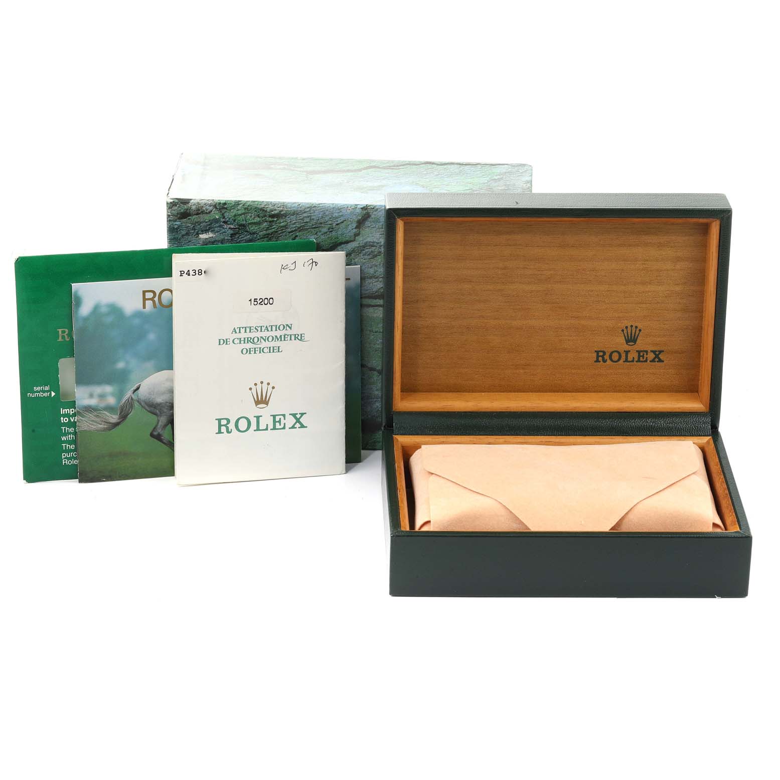 This image shows the packaging and documentation for the Rolex Date 15200 Men
s Stainless Steel White Dial 15200 Men
s Stainless Steel White Dial model, including the box, manuals, and warranty card.