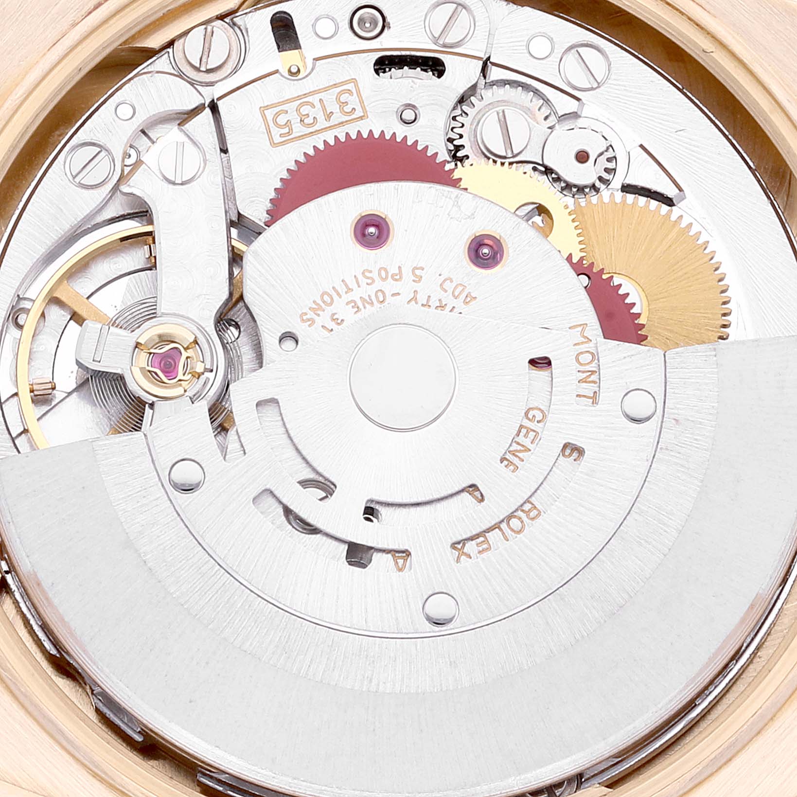 This is a close-up view of the movement mechanism of a Rolex Date 15238 Men's Yellow Gold White Dial 15238 Men's Yellow Gold White Dial model watch, showcasing the intricate gears and components.
