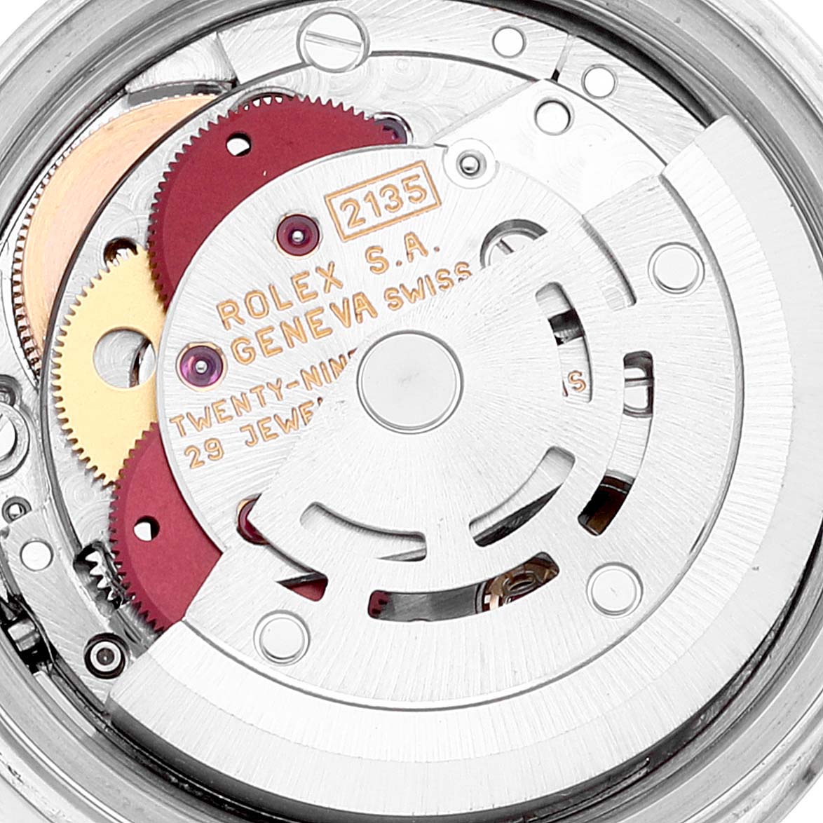 This image shows a close-up view of the movement mechanism inside a Rolex Datejust 69174 Women's Stainless Steel Pink Dial 69174 Women's Stainless Steel Pink Dial watch.