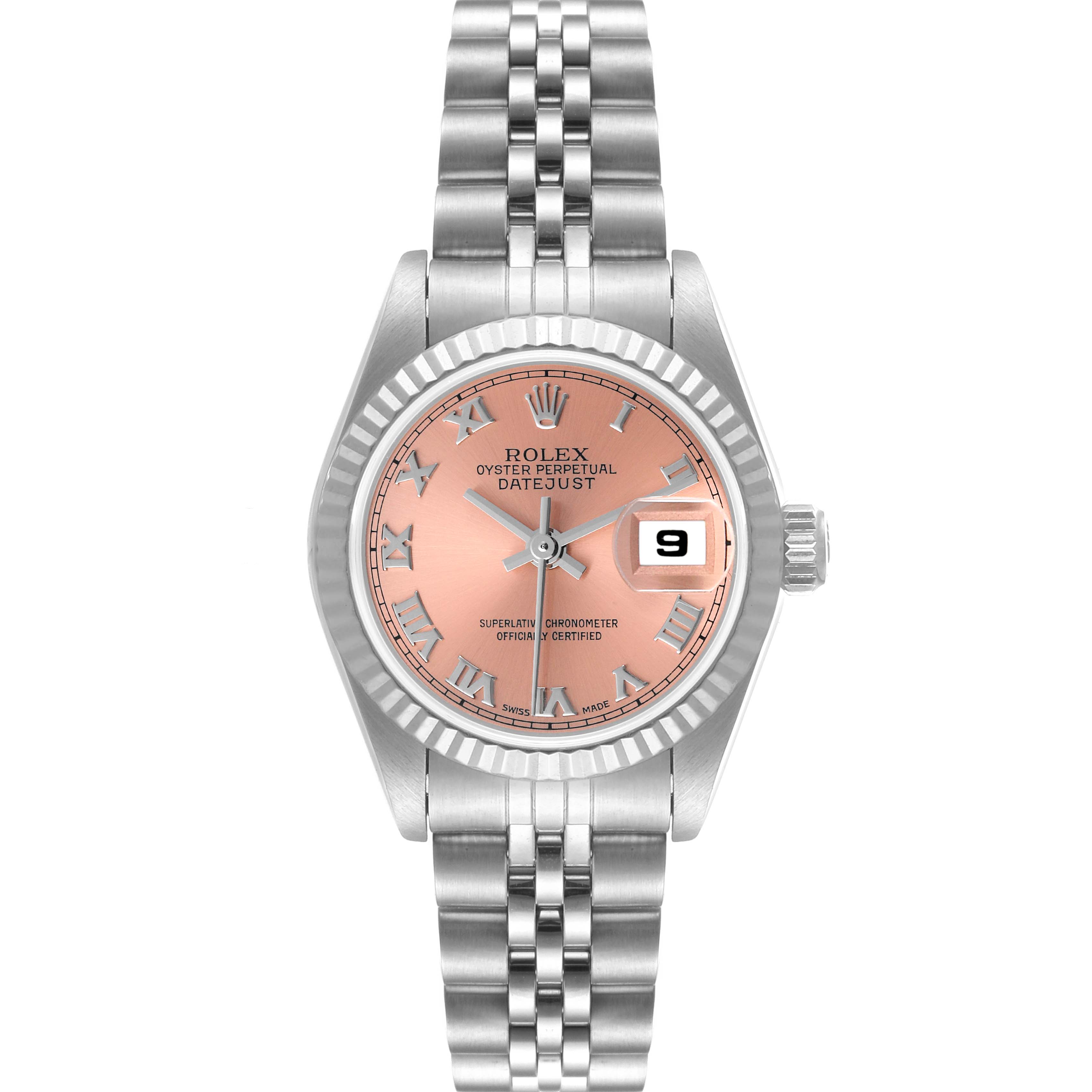 This image shows a frontal view of the Rolex Datejust 69174 Women's Stainless Steel Pink Dial 69174 Women's Stainless Steel Pink Dial watch, displaying the dial, bezel, and bracelet.