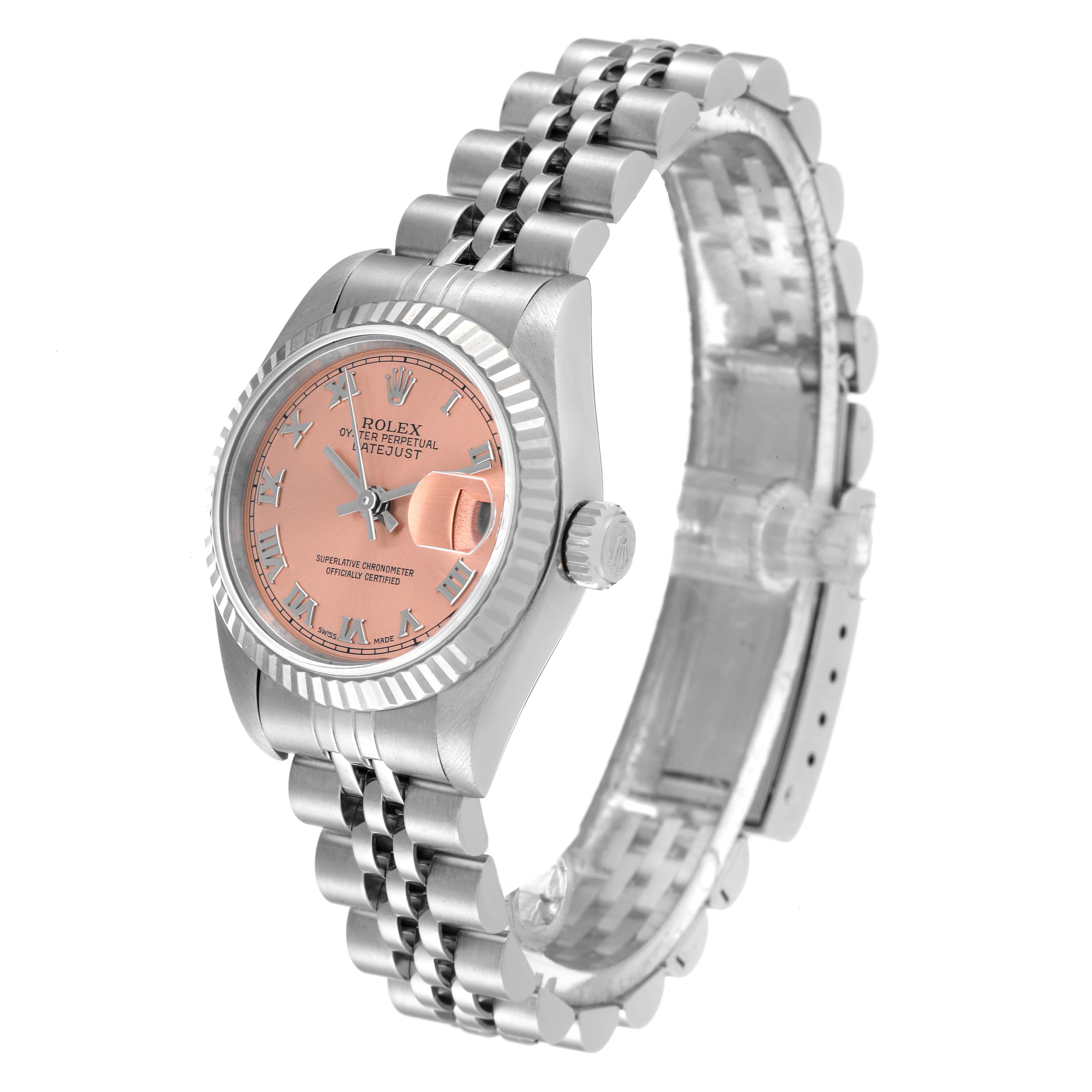 This image shows a Rolex Datejust 69174 Women's Stainless Steel Pink Dial 69174 Women's Stainless Steel Pink Dial watch at a three-quarter angle, highlighting its face, bezel, crown, and bracelet.