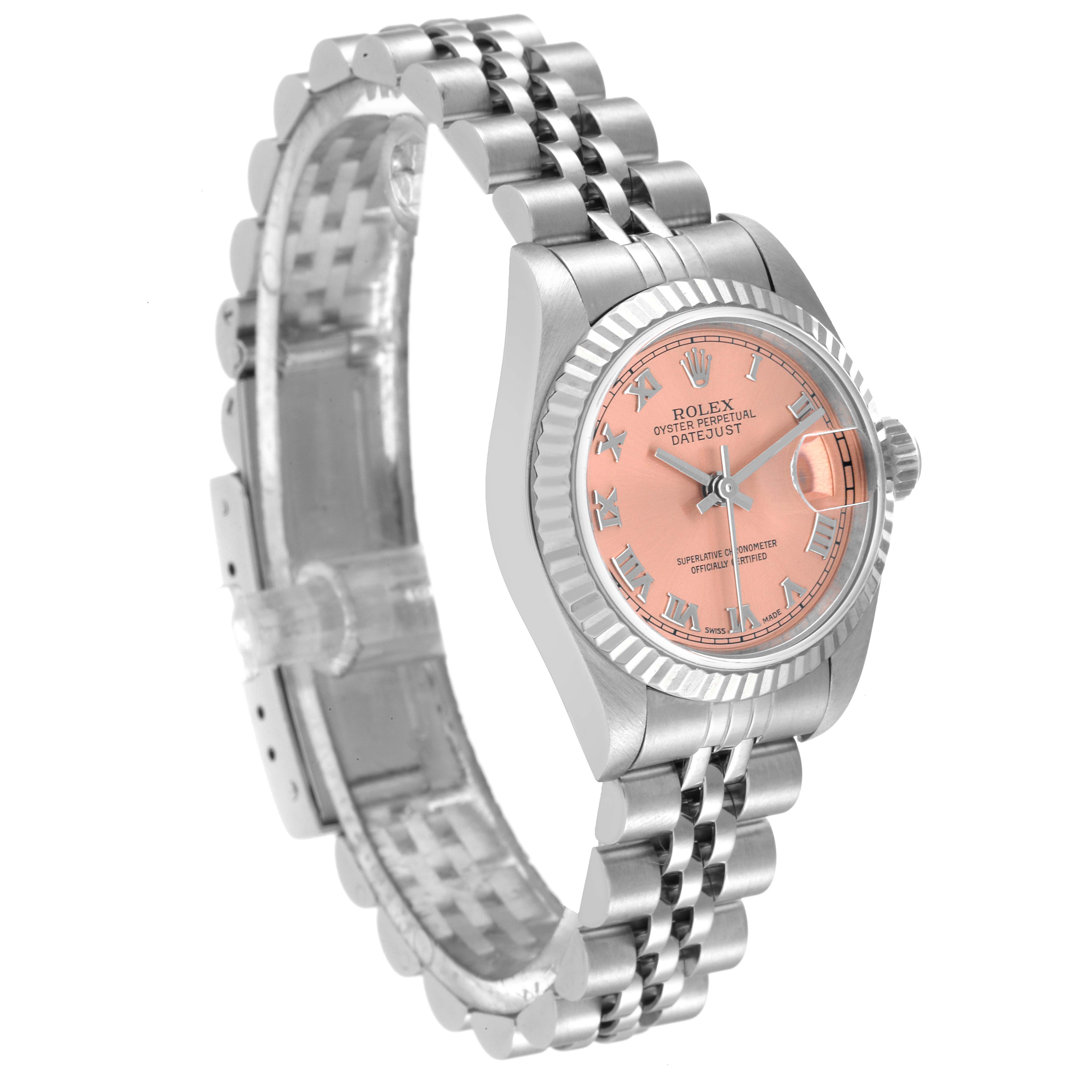The Rolex Datejust 69174 Women's Stainless Steel Pink Dial 69174 Women's Stainless Steel Pink Dial watch is shown at a three-quarter angle, displaying the bracelet, case, and pink dial.