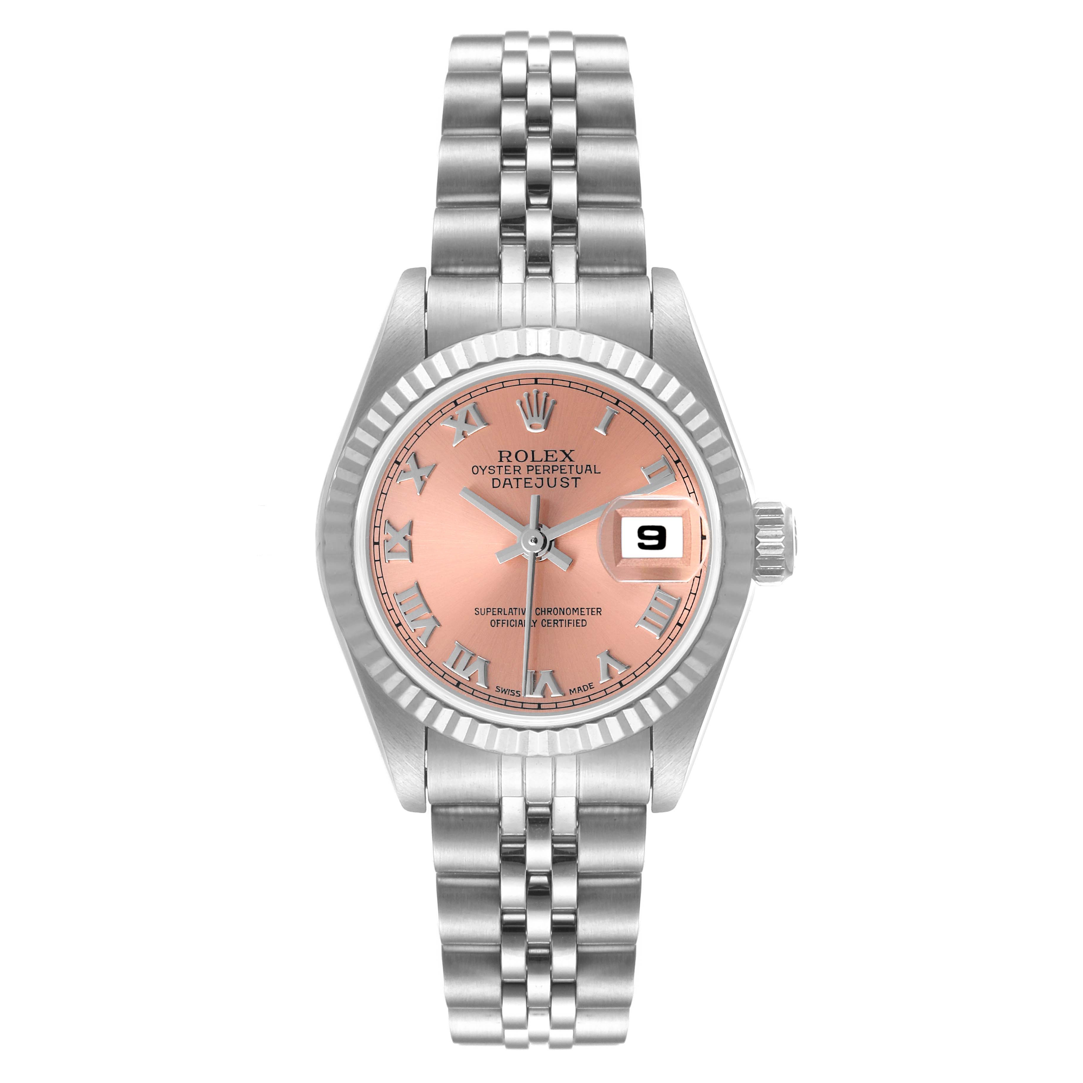 The image shows a Rolex Datejust 69174 Women's Stainless Steel Pink Dial 69174 Women's Stainless Steel Pink Dial watch from a front angle, highlighting its face, bezel, bracelet, and date window.