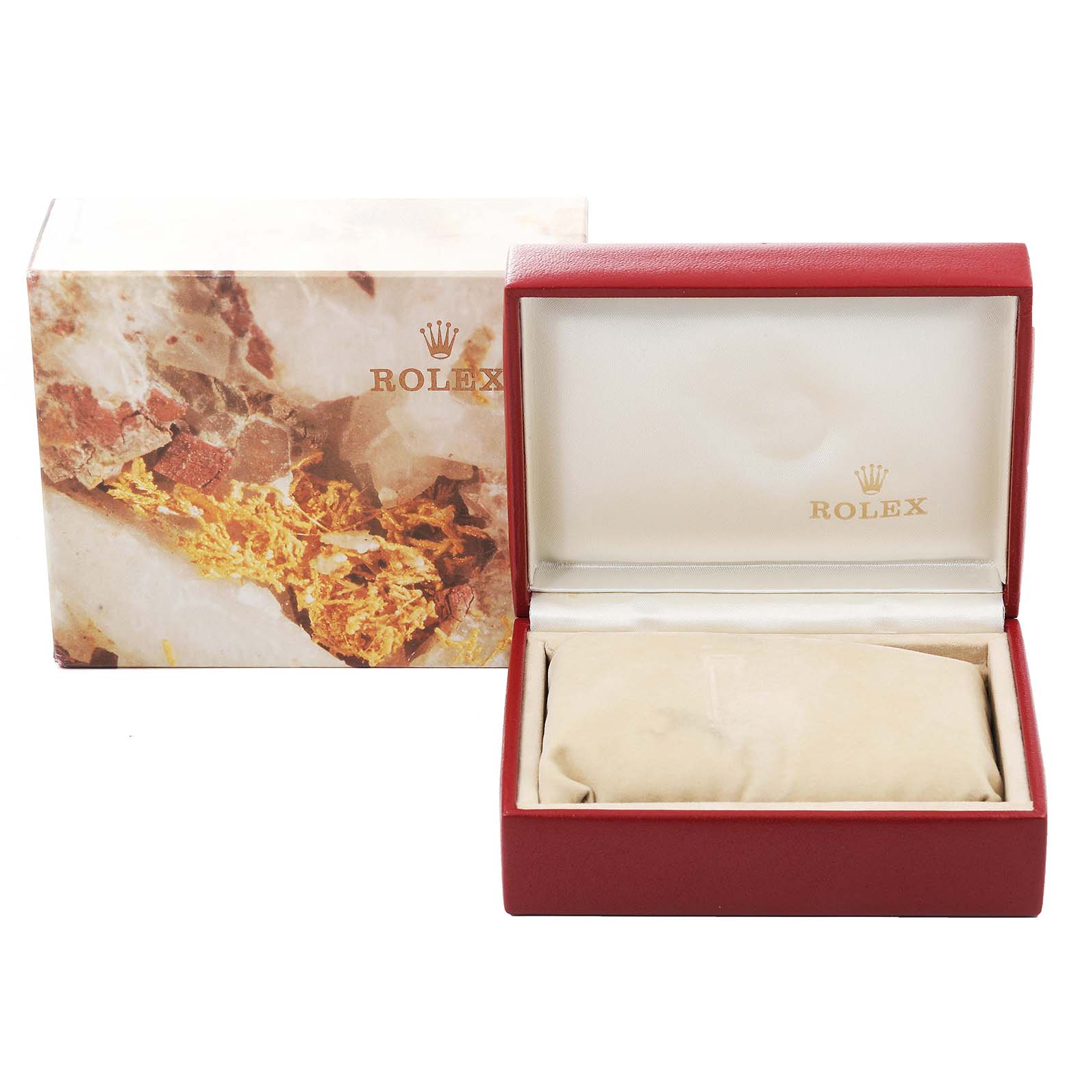 The image shows the opened packaging box for a Rolex Datejust 69174 Women's Stainless Steel Pink Dial 69174 Women's Stainless Steel Pink Dial watch, including the inner cushion and outer box.