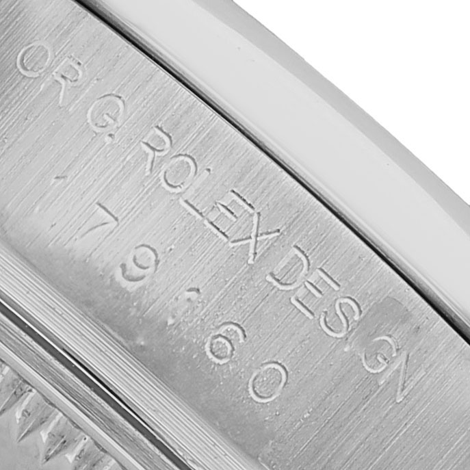 The image shows the case side of a Rolex Datejust 179160 Women's Stainless Steel White Dial, displaying the engraved design reference number.