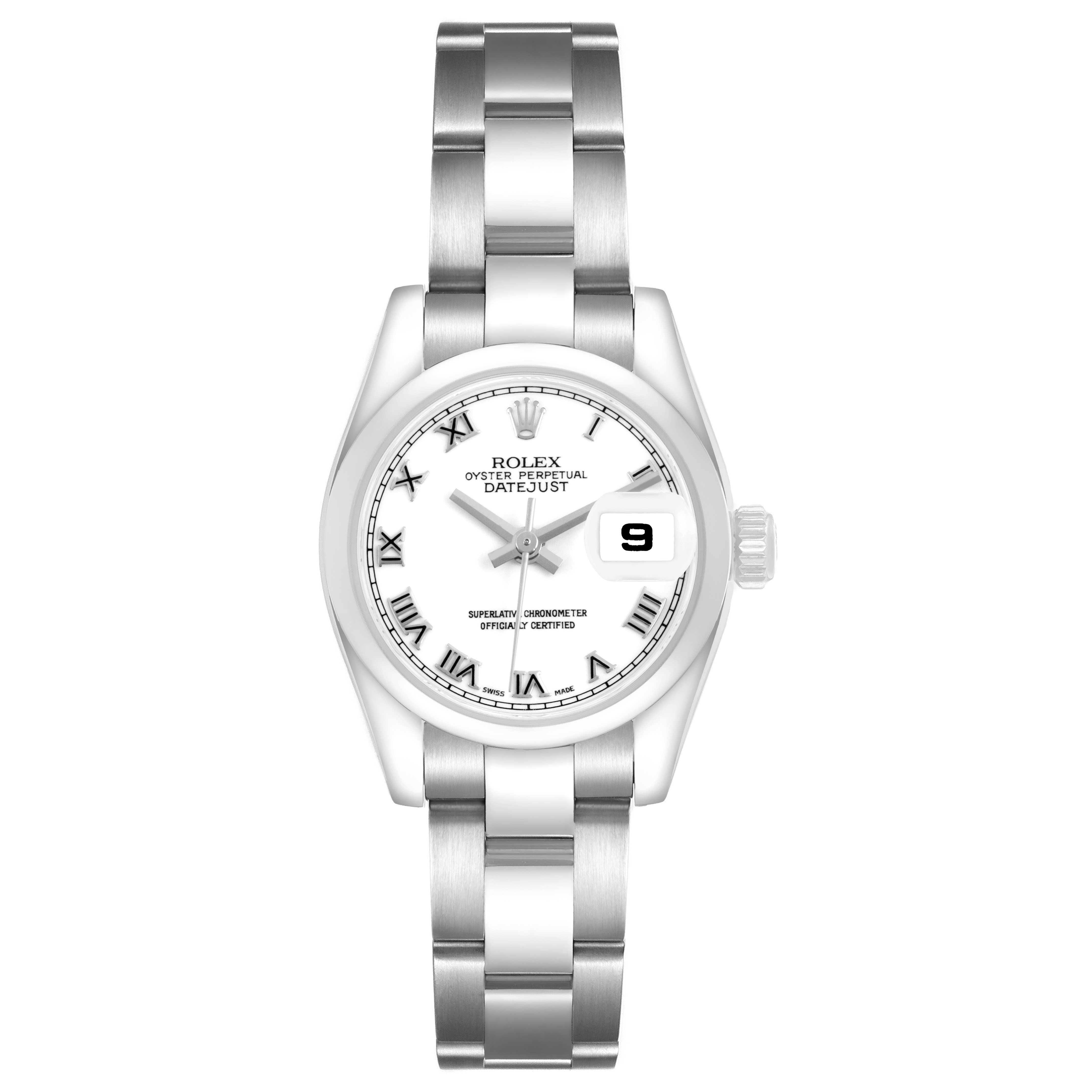 The image shows a Rolex Datejust 179160 Women's Stainless Steel White Dial watch from a top-down angle, displaying its face, bracelet, and crown.