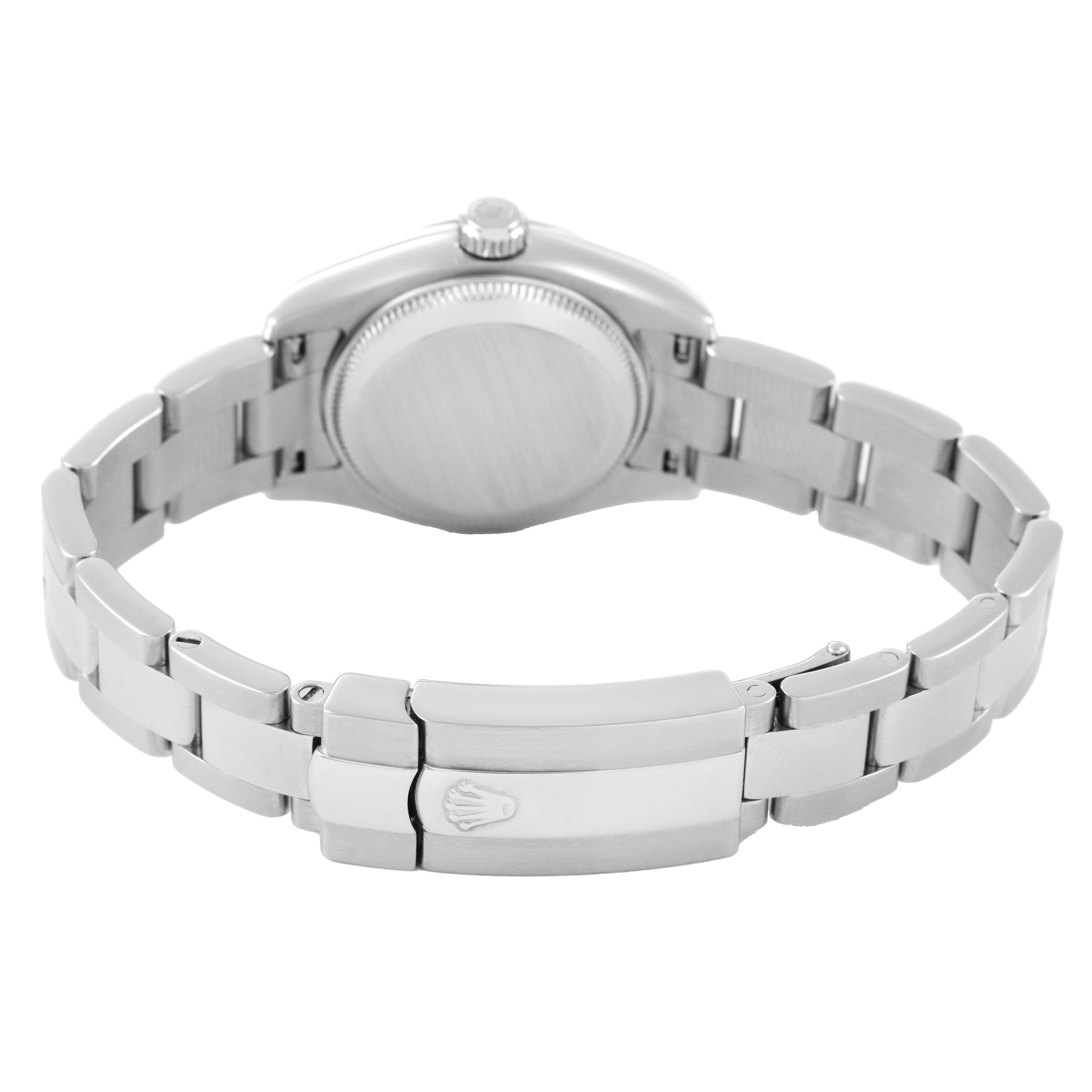 The image shows the back and bracelet clasp of a Rolex Datejust 179160 Women's Stainless Steel White Dial watch, highlighting the Oyster bracelet and folding clasp.