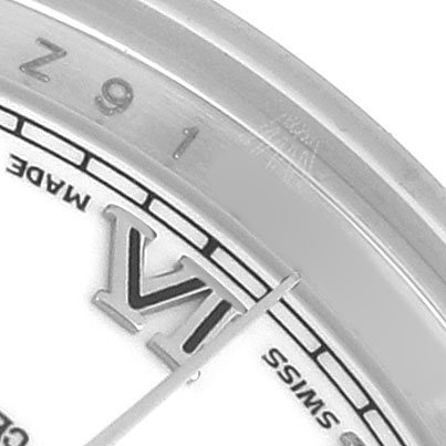 The image shows a close-up of the face and bezel of a Rolex Datejust 179160 Women's Stainless Steel White Dial, focusing on the "VI" marker and surrounding details.