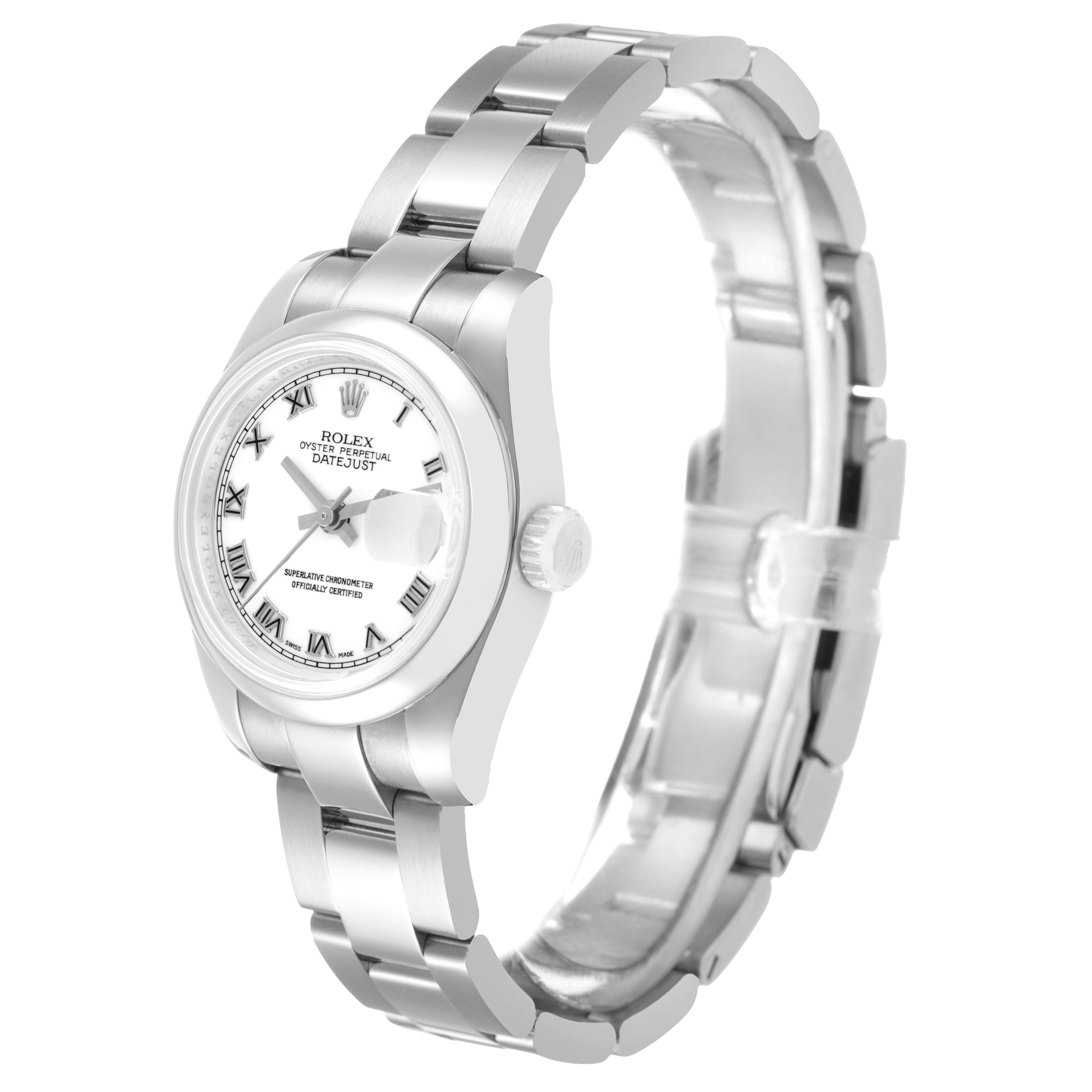 The Rolex Datejust 179160 Women's Stainless Steel White Dial watch is angled to show the face, bracelet, and side crown.