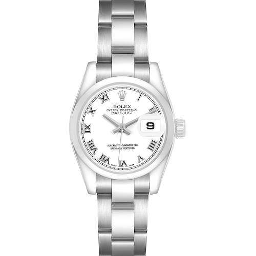 The Rolex Datejust 179160 Women's Stainless Steel White Dial watch is shown from a top-down angle, displaying the full face, bracelet, and crown.
