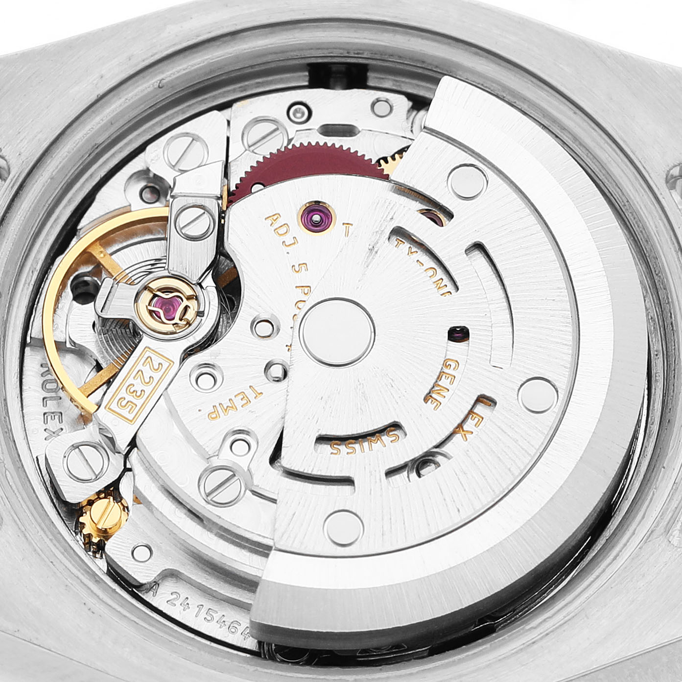 The image shows the movement of a Rolex Datejust 179160 Women's Stainless Steel White Dial watch from a top-down angle, featuring the rotor and internal mechanisms.