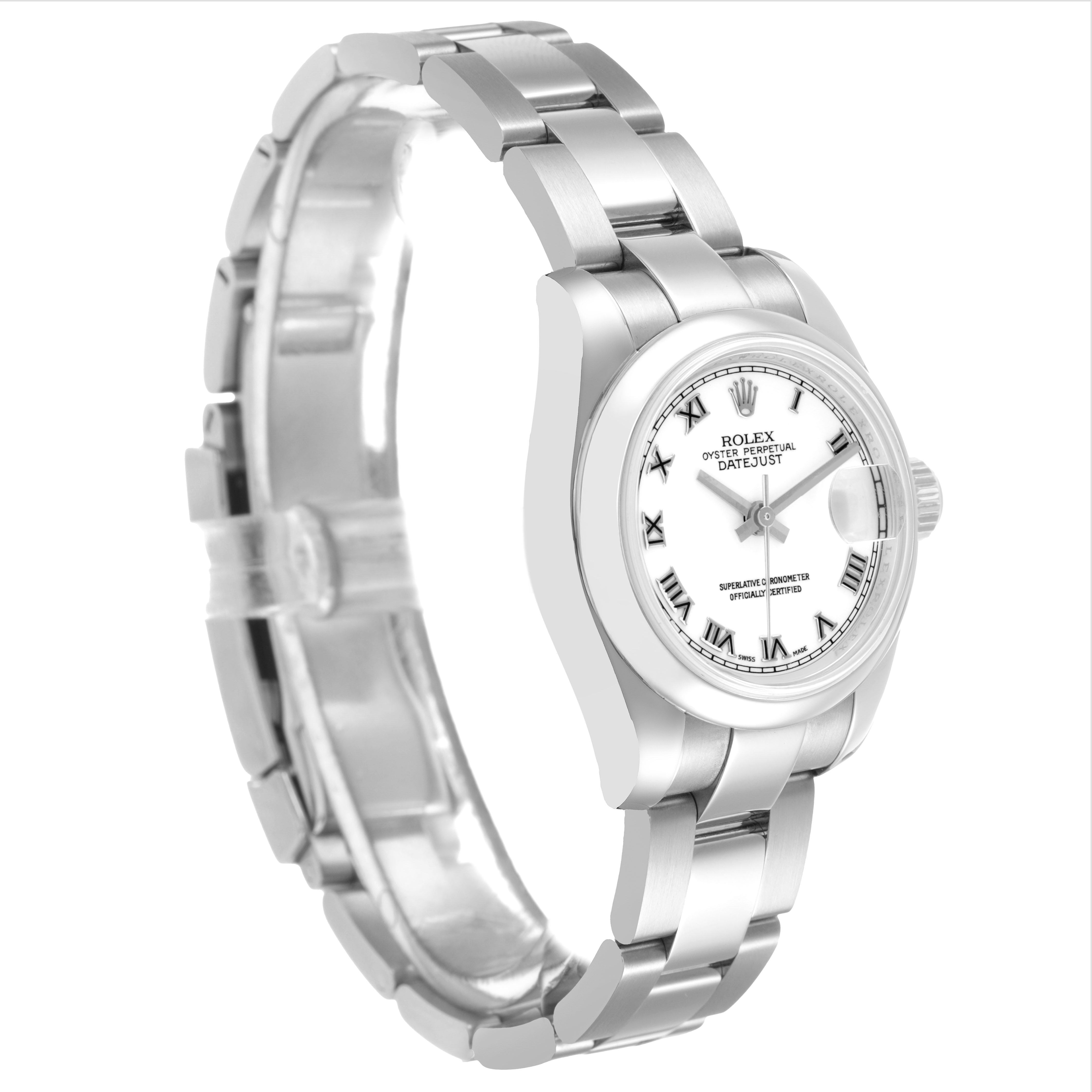 The Rolex Datejust 179160 Women's Stainless Steel White Dial watch is shown at a three-quarter angle, displaying the dial, case, and bracelet clearly.