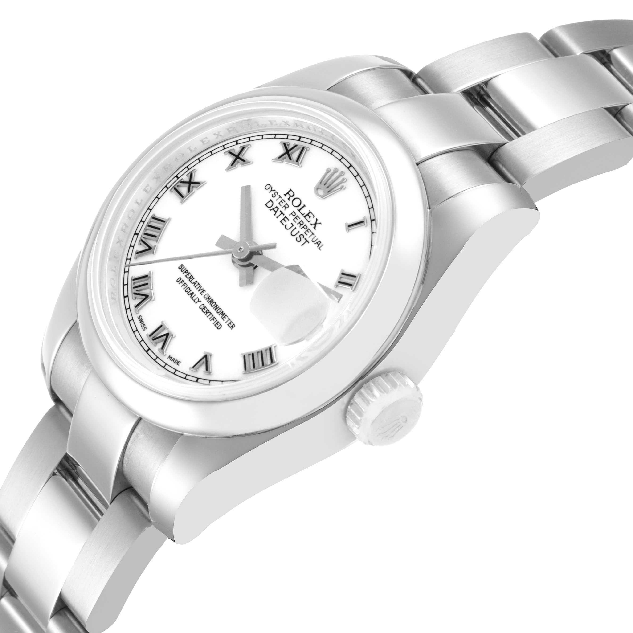 The Rolex Datejust 179160 Women's Stainless Steel White Dial watch is shown from a side angle, highlighting the case, bracelet, dial, and crown.
