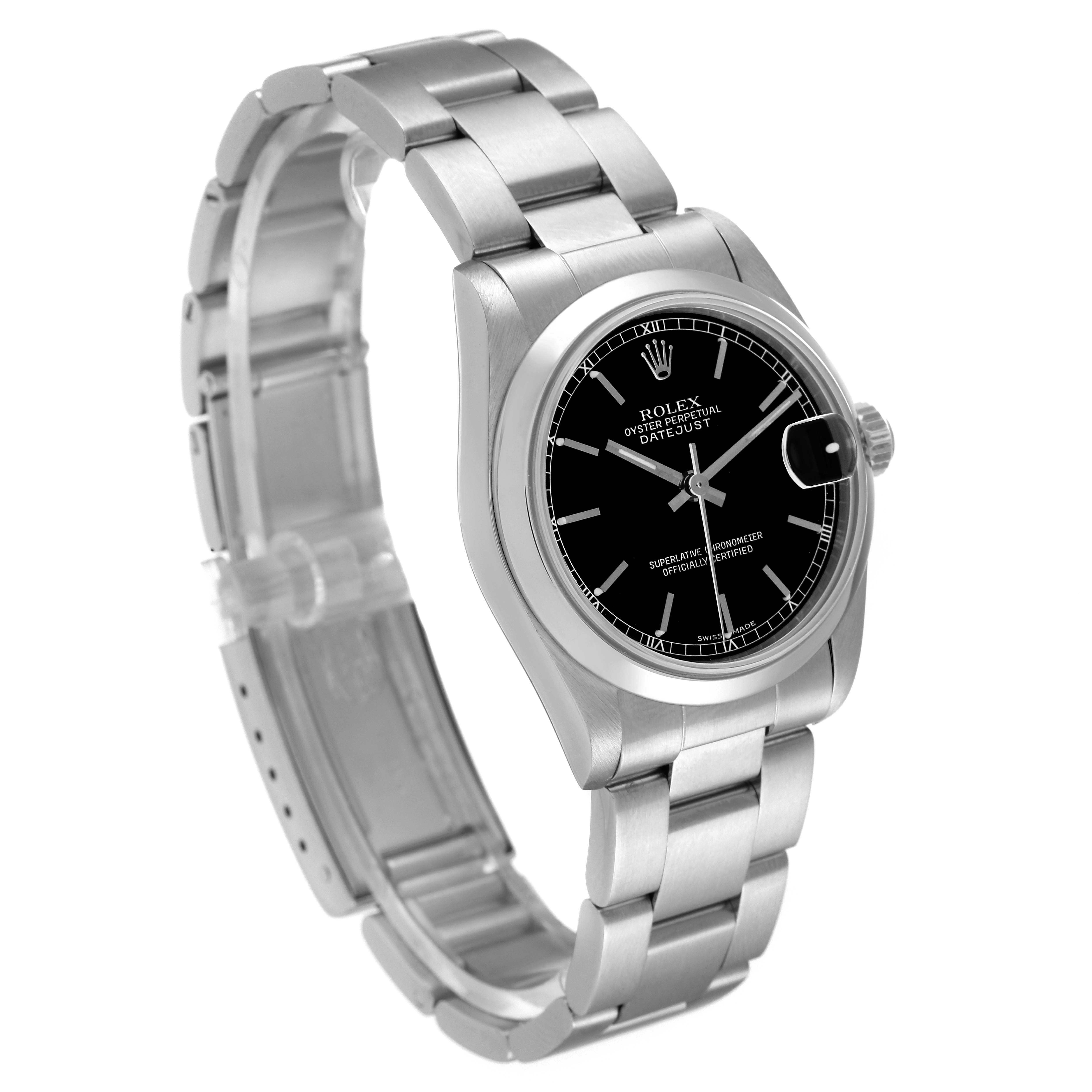 The image shows a side-angle view of a Rolex Mid-Size 78240 Women
s Stainless Steel Black Dial 78240 Women
s Stainless Steel Black Dial DateJust watch, highlighting its black dial, silver case, and metal bracelet.