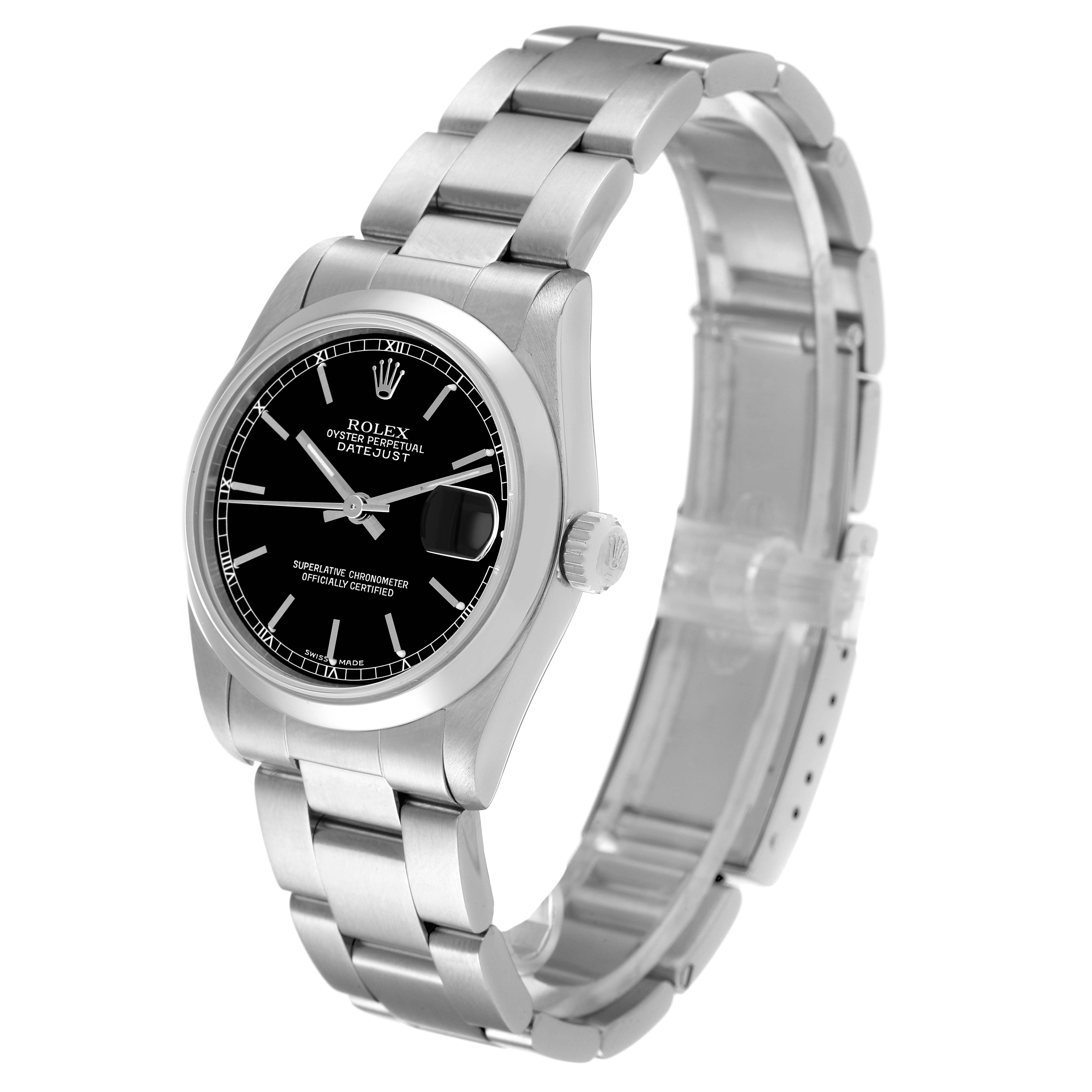 The image shows a Rolex Mid-Size 78240 Women
s Stainless Steel Black Dial 78240 Women
s Stainless Steel Black Dial model watch from an angled view, highlighting its face, bracelet, and clasp.