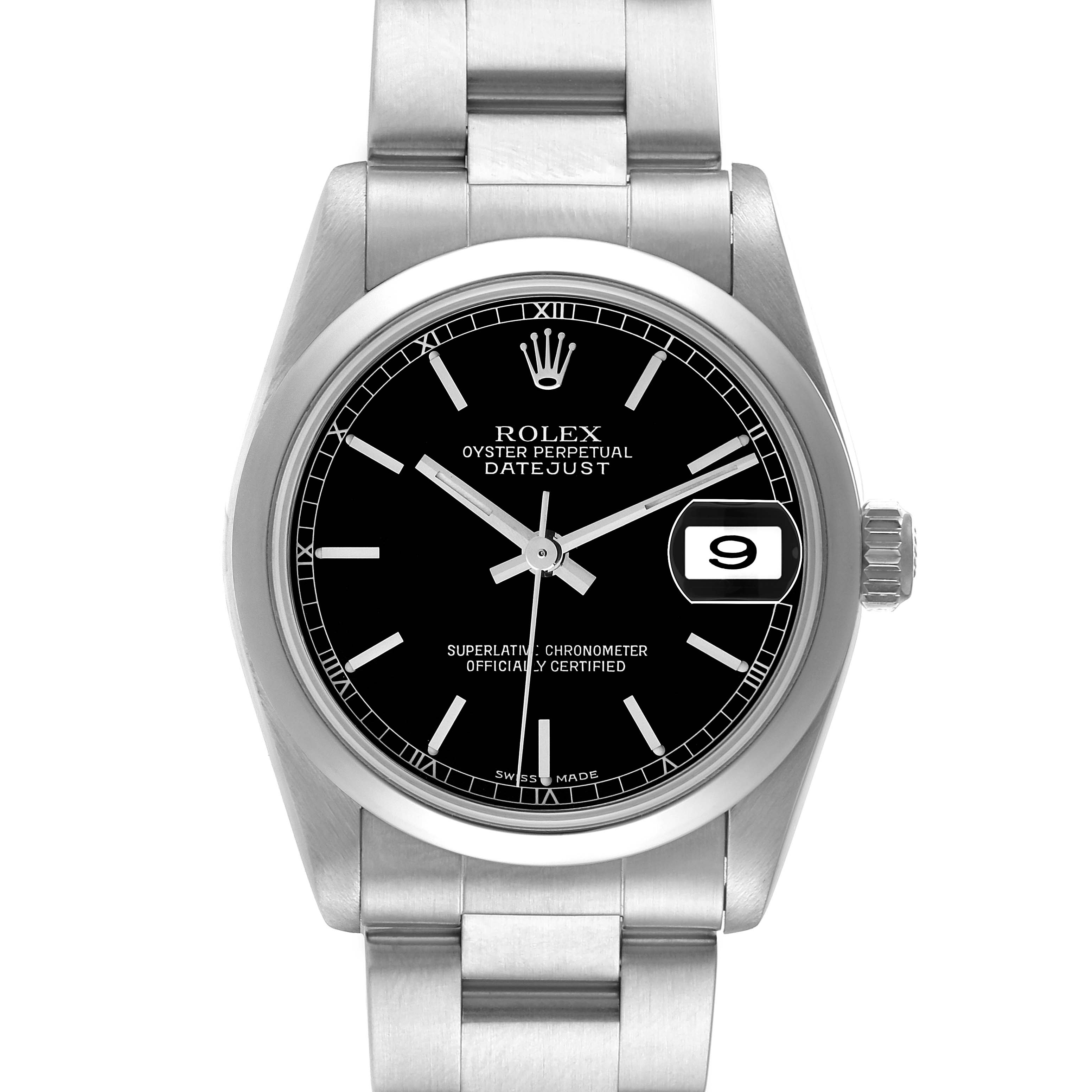 This image shows a front view of a Rolex Mid-Size 78240 Women
s Stainless Steel Black Dial 78240 Women
s Stainless Steel Black Dial Oyster Perpetual Datejust watch, highlighting its black dial, date window, and stainless steel bracelet.