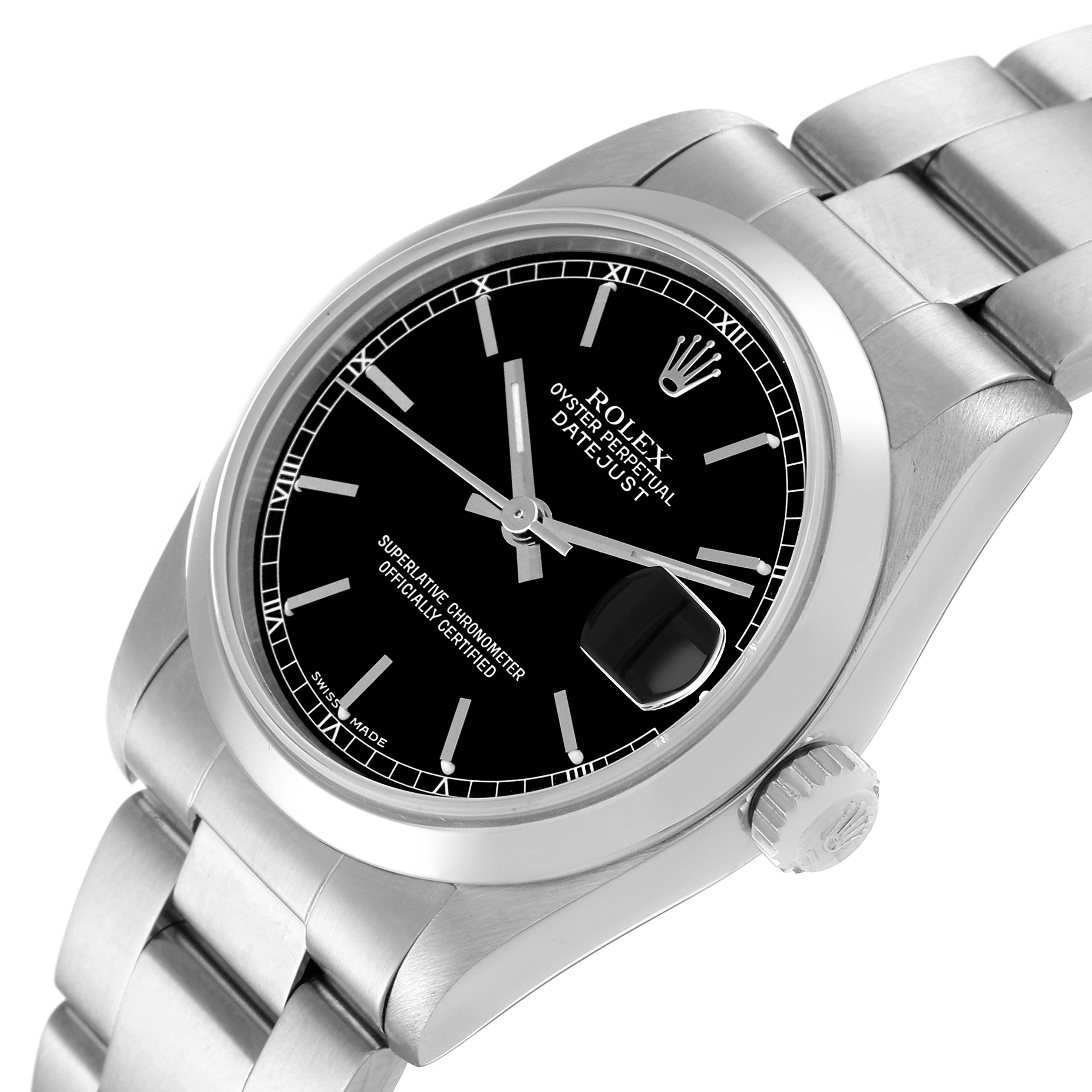 This Rolex Mid-Size 78240 Women
s Stainless Steel Black Dial 78240 Women
s Stainless Steel Black Dial Datejust watch is shown from an angled close-up, featuring the black dial, date display, and part of the bracelet.