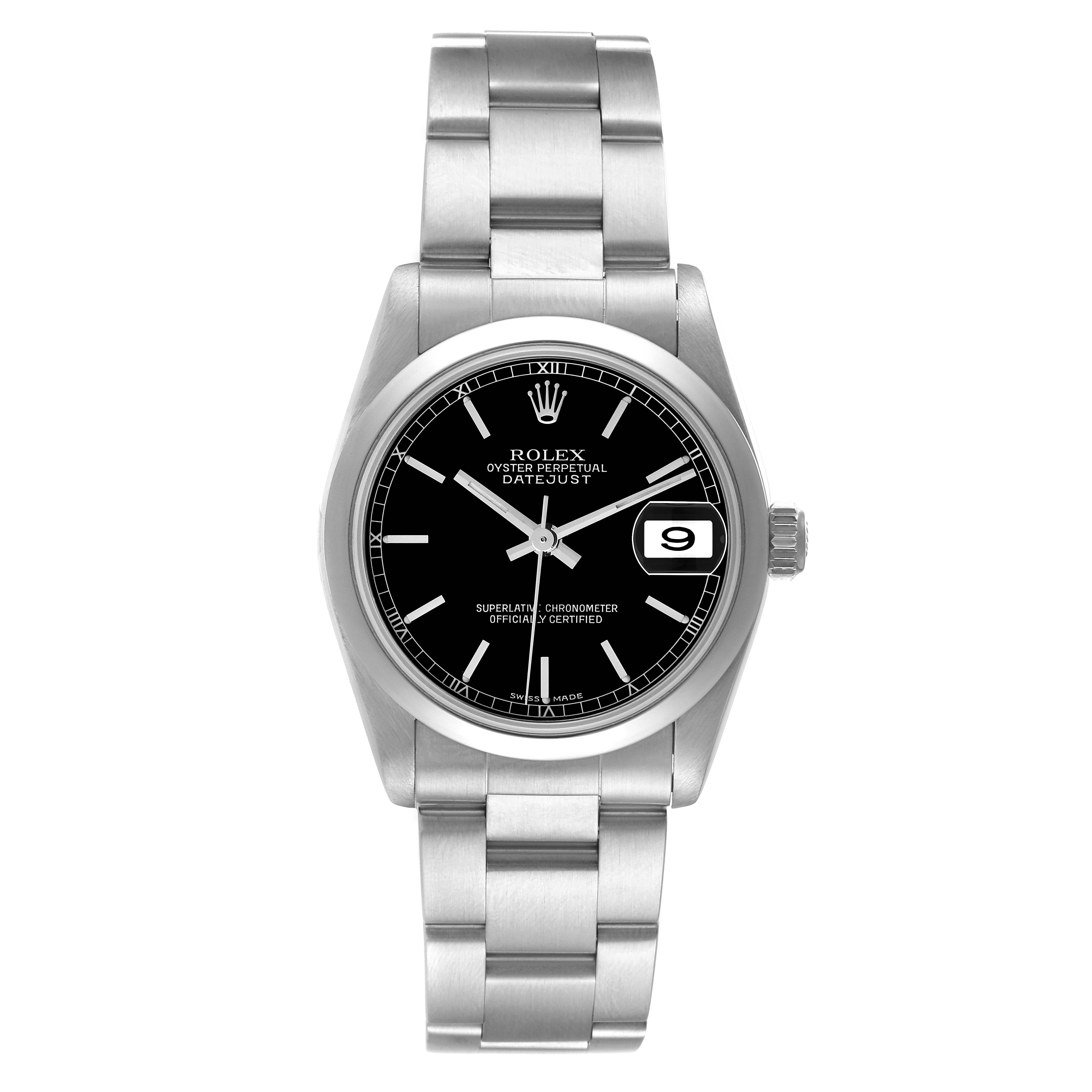 This image shows a front view of a Rolex Mid-Size 78240 Women
s Stainless Steel Black Dial 78240 Women
s Stainless Steel Black Dial Datejust watch with a black dial and a stainless steel bracelet.