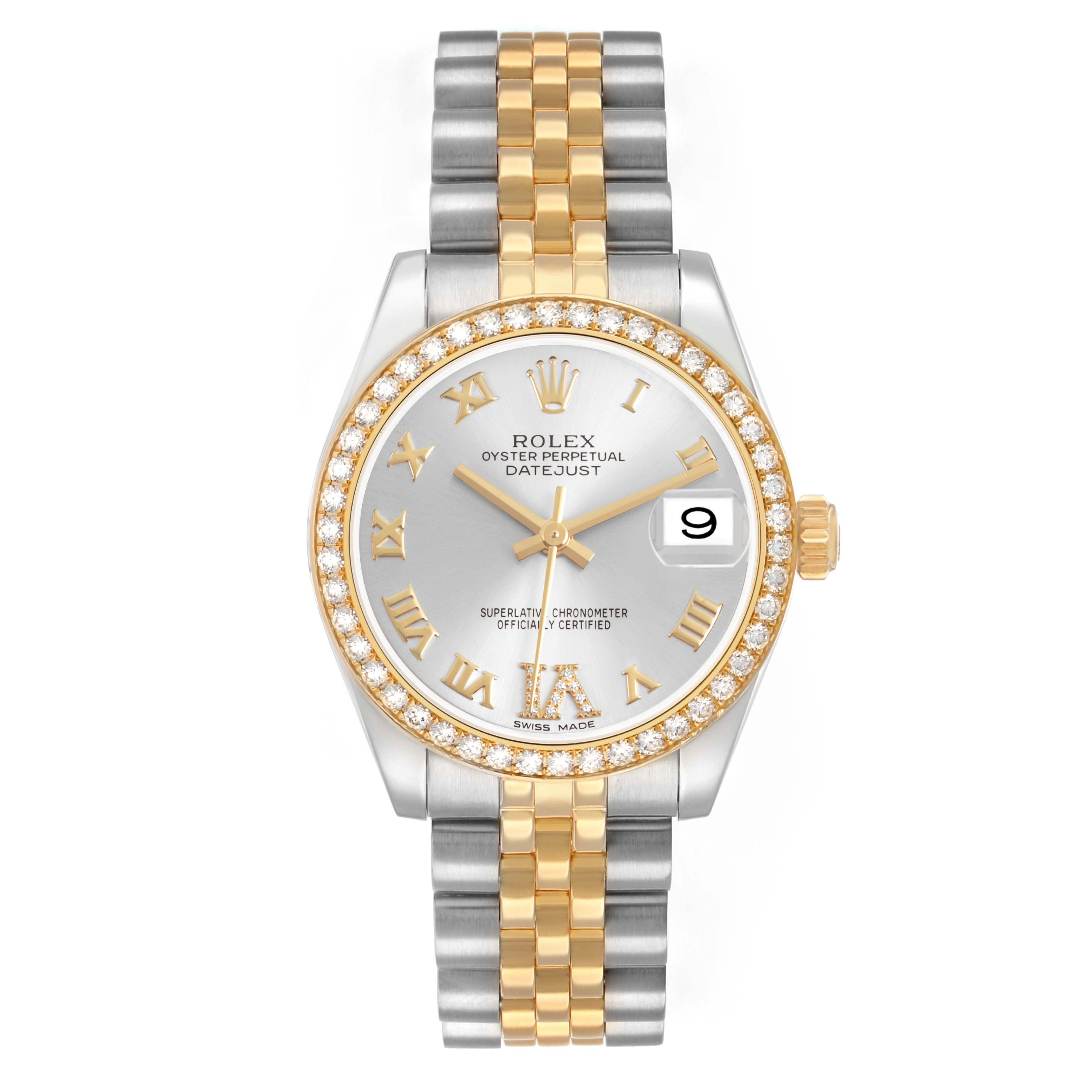 The Rolex Datejust 178383 Women's Steel and Gold (two tone) Silver Dial watch is shown from a top-down angle, displaying its face, bracelet, and bezel.