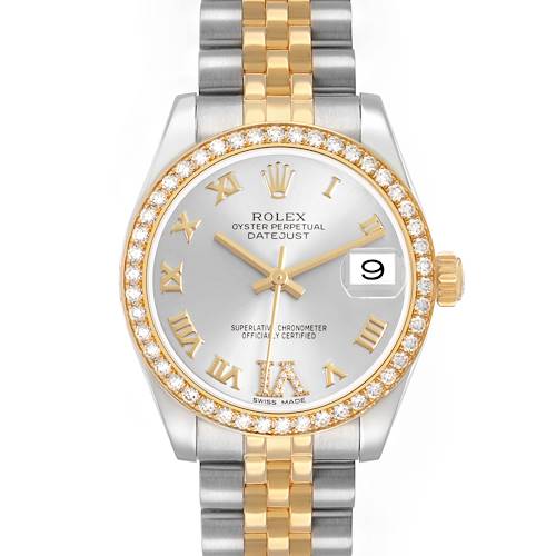 The Rolex Datejust 178383 Women's Steel and Gold (two tone) Silver Dial watch is shown from the front, displaying the dial, bezel, and bracelet.
