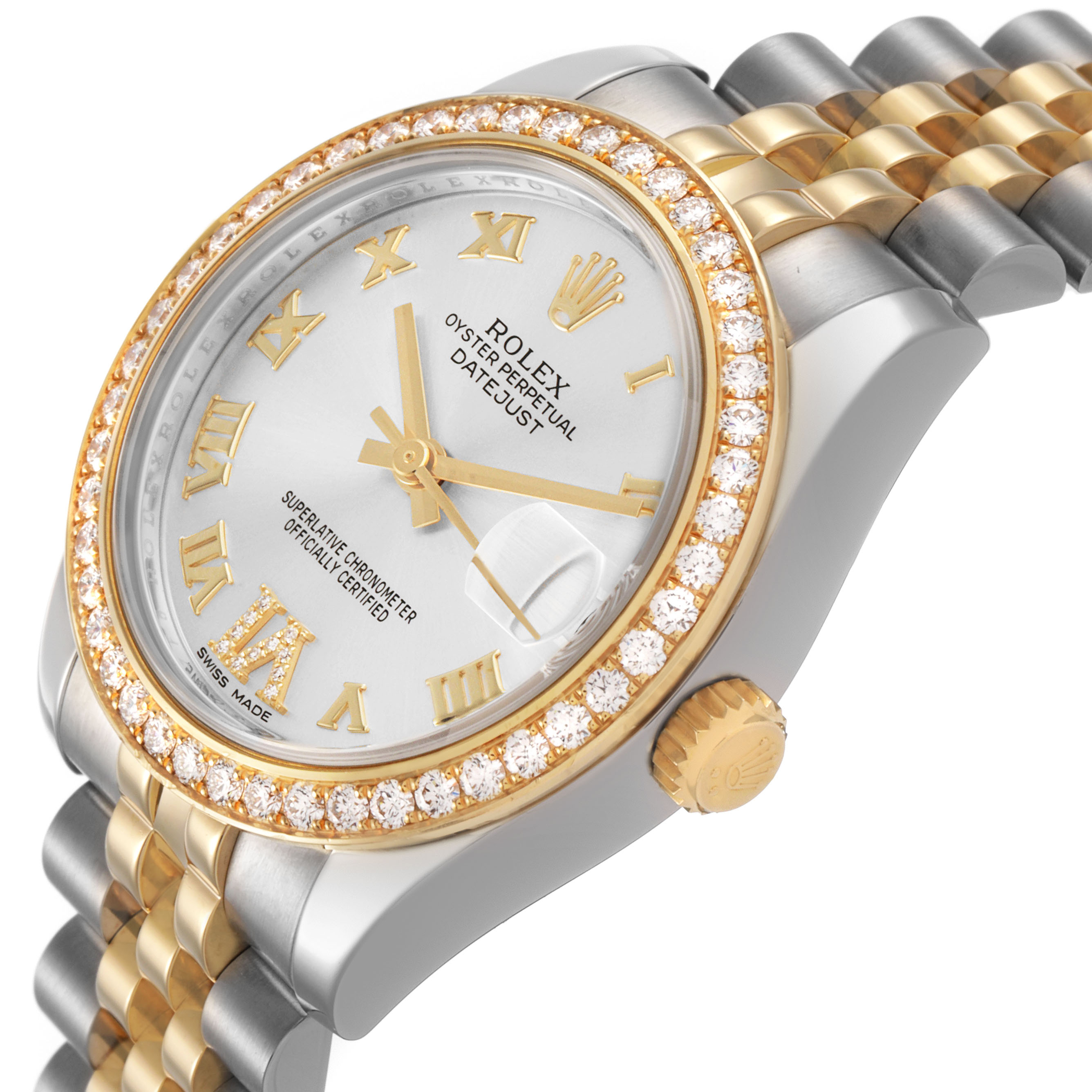 The Rolex Datejust 178383 Women's Steel and Gold (two tone) Silver Dial watch is shown at a slight angle, highlighting the face, diamond bezel, and two-tone bracelet.