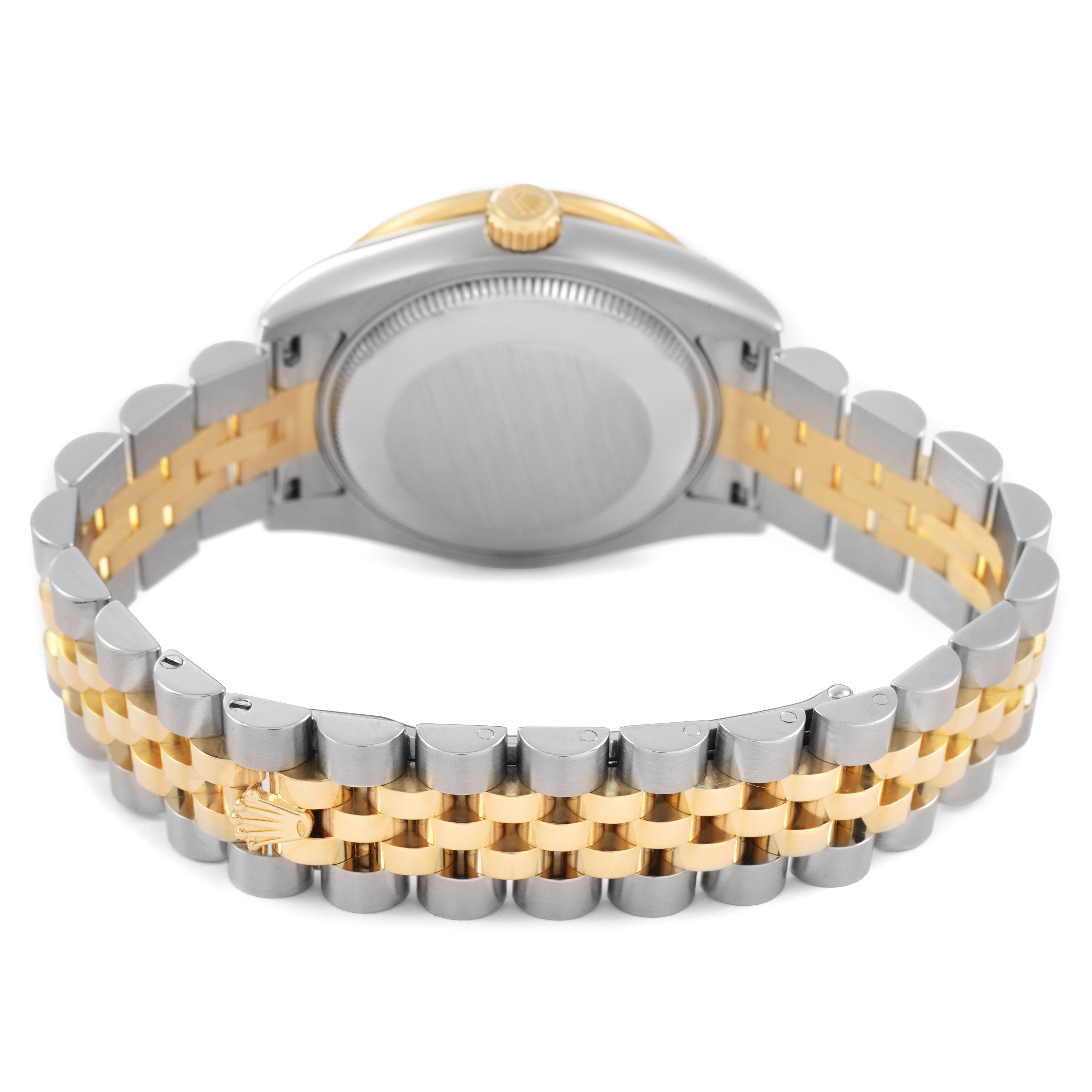 This image shows the case back and two-tone Jubilee bracelet of a Rolex Datejust 178383 Women's Steel and Gold (two tone) Silver Dial watch from a rear angle.