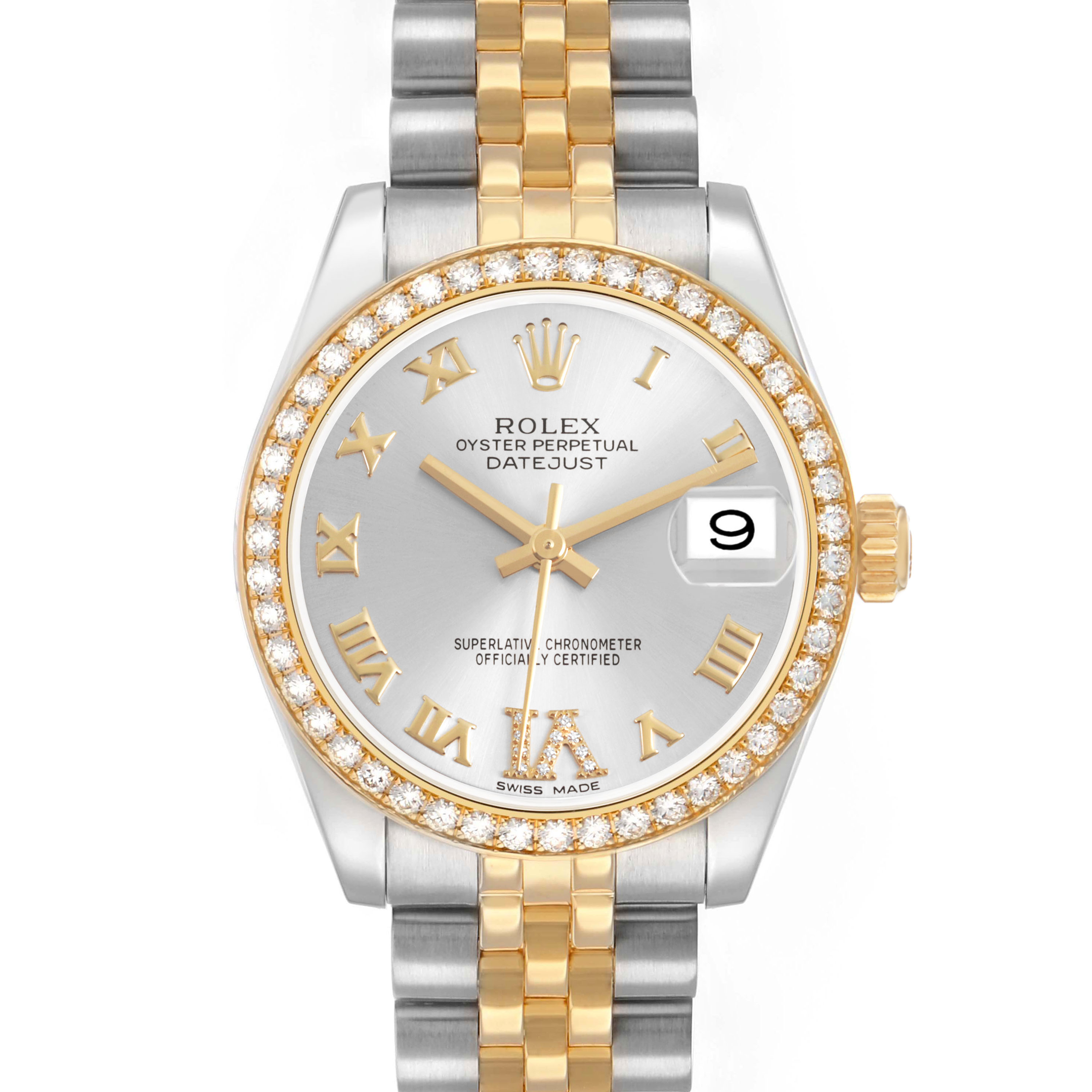 The Rolex Datejust 178383 Women's Steel and Gold (two tone) Silver Dial watch is shown from a top-down angle, highlighting the dial, bezel, and bracelet.