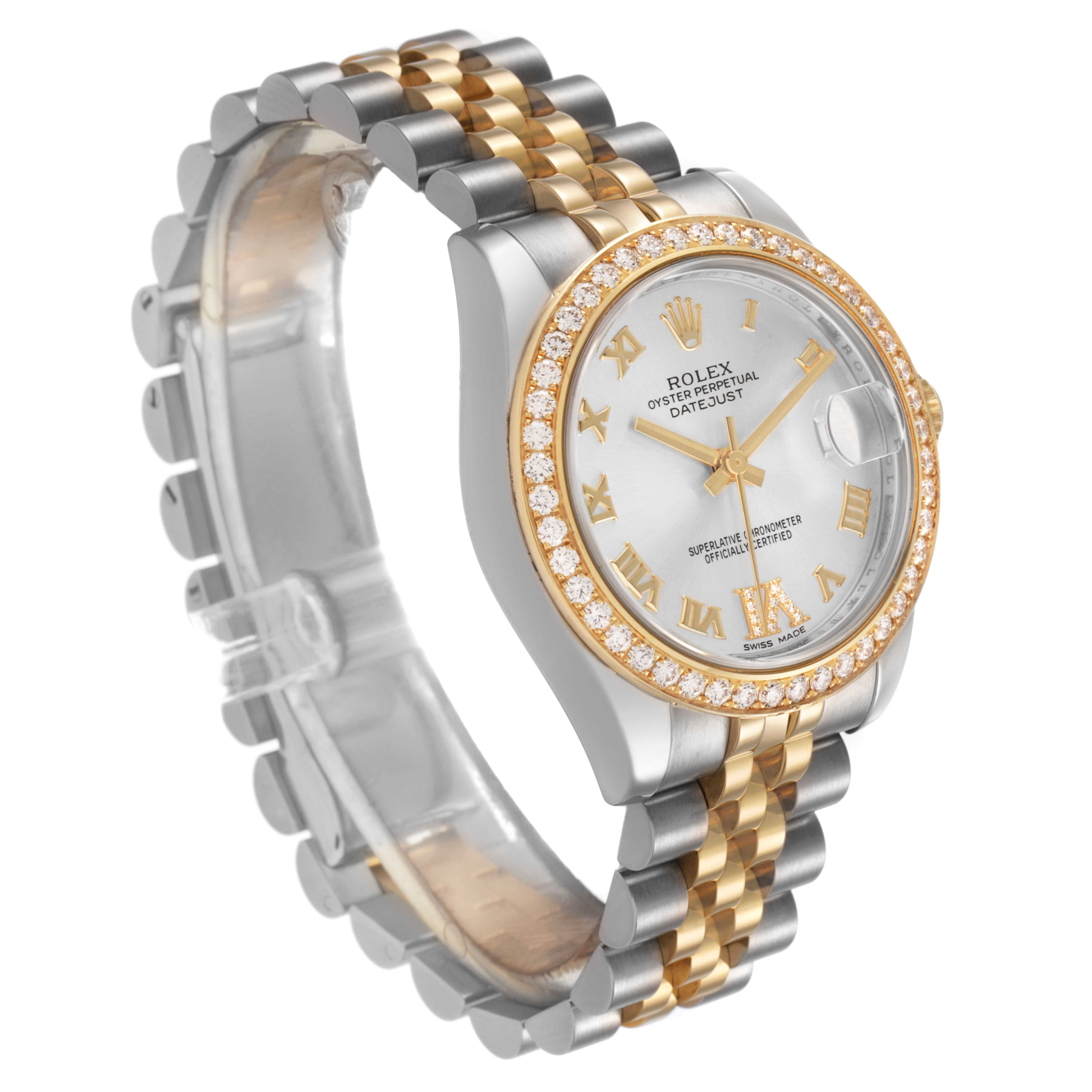 The Rolex Datejust 178383 Women's Steel and Gold (two tone) Silver Dial watch is shown at a three-quarter angle, displaying the bracelet, bezel, dial, and crown.