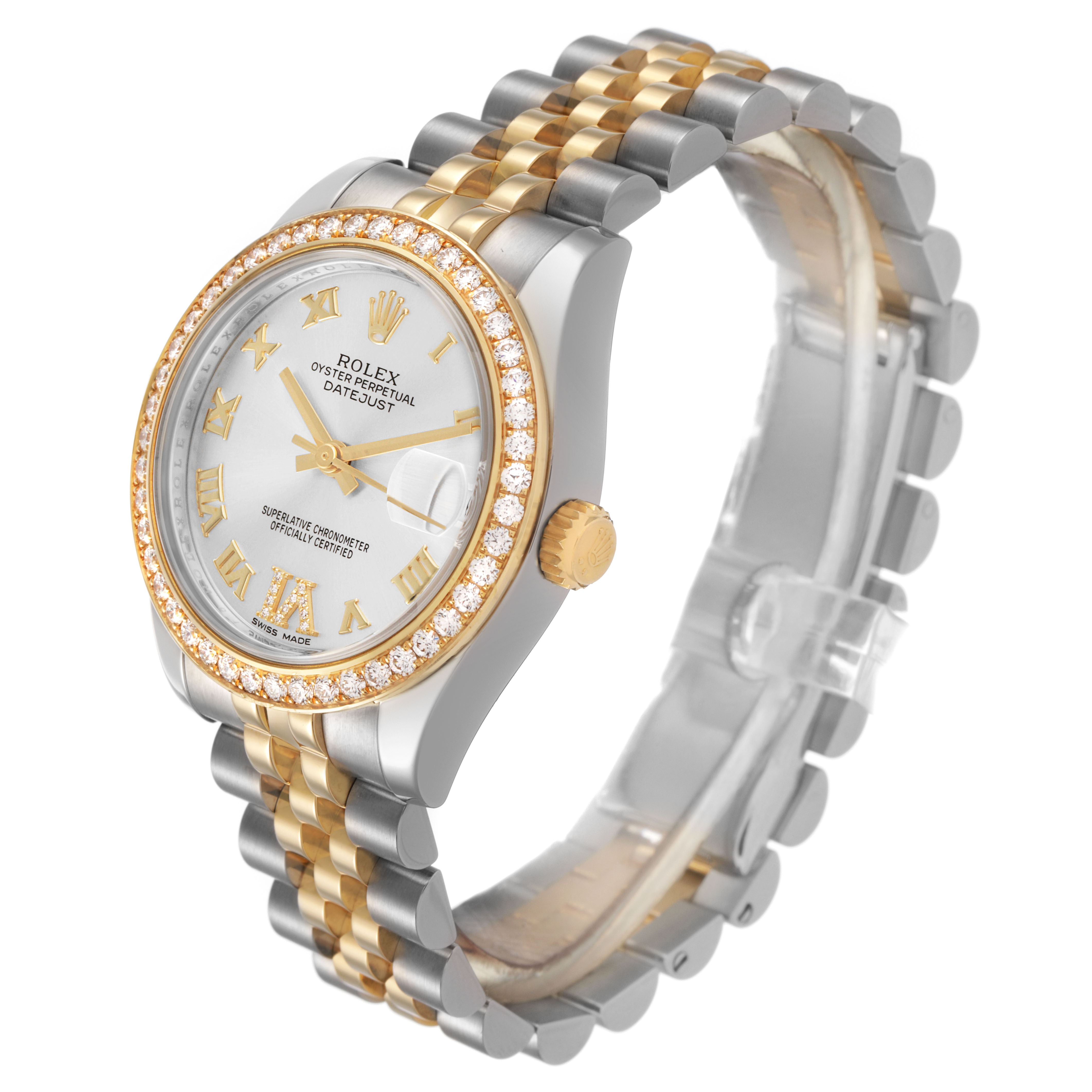 The Rolex Datejust 178383 Women's Steel and Gold (two tone) Silver Dial watch is shown at a three-quarter angle, highlighting the bezel, dial, and jubilee bracelet.
