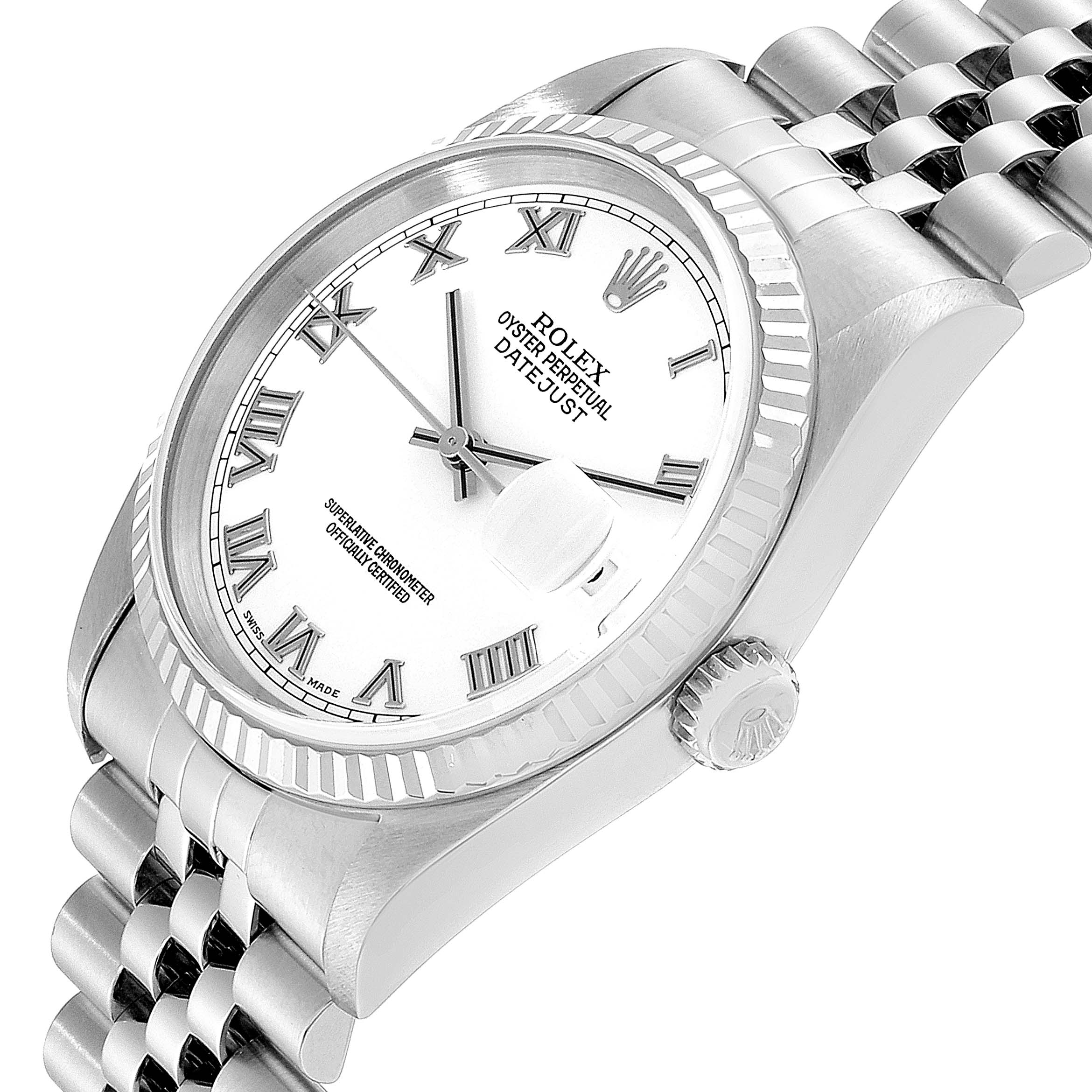 The image shows the Rolex Datejust 16234 Men's Stainless Steel White Dial 16234 Men's Stainless Steel White Dial watch from an angled perspective, highlighting its face, bezel, crown, and bracelet.