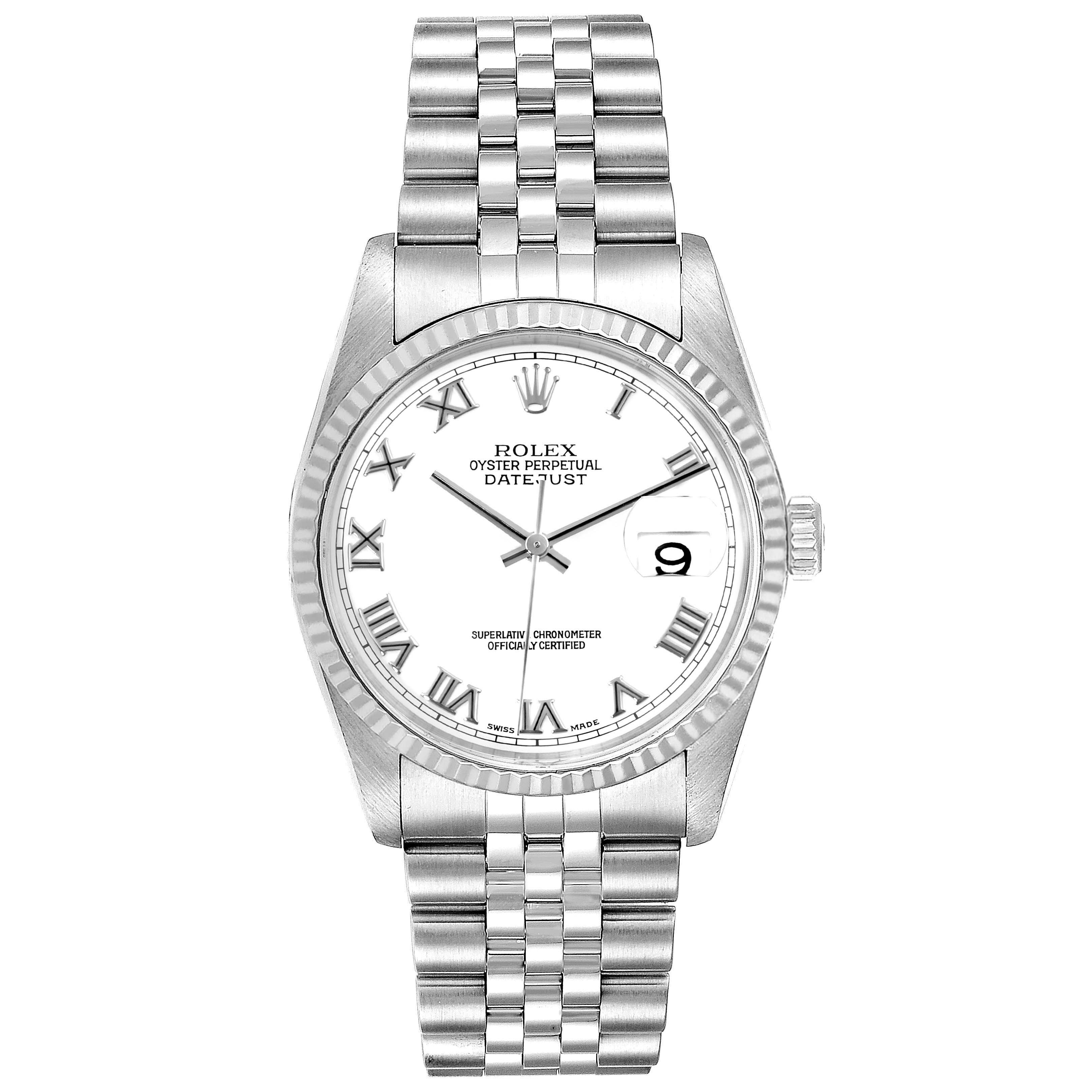 The image shows a front view of a Rolex Datejust 16234 Men's Stainless Steel White Dial 16234 Men's Stainless Steel White Dial watch, highlighting its dial, bracelet, and bezel.