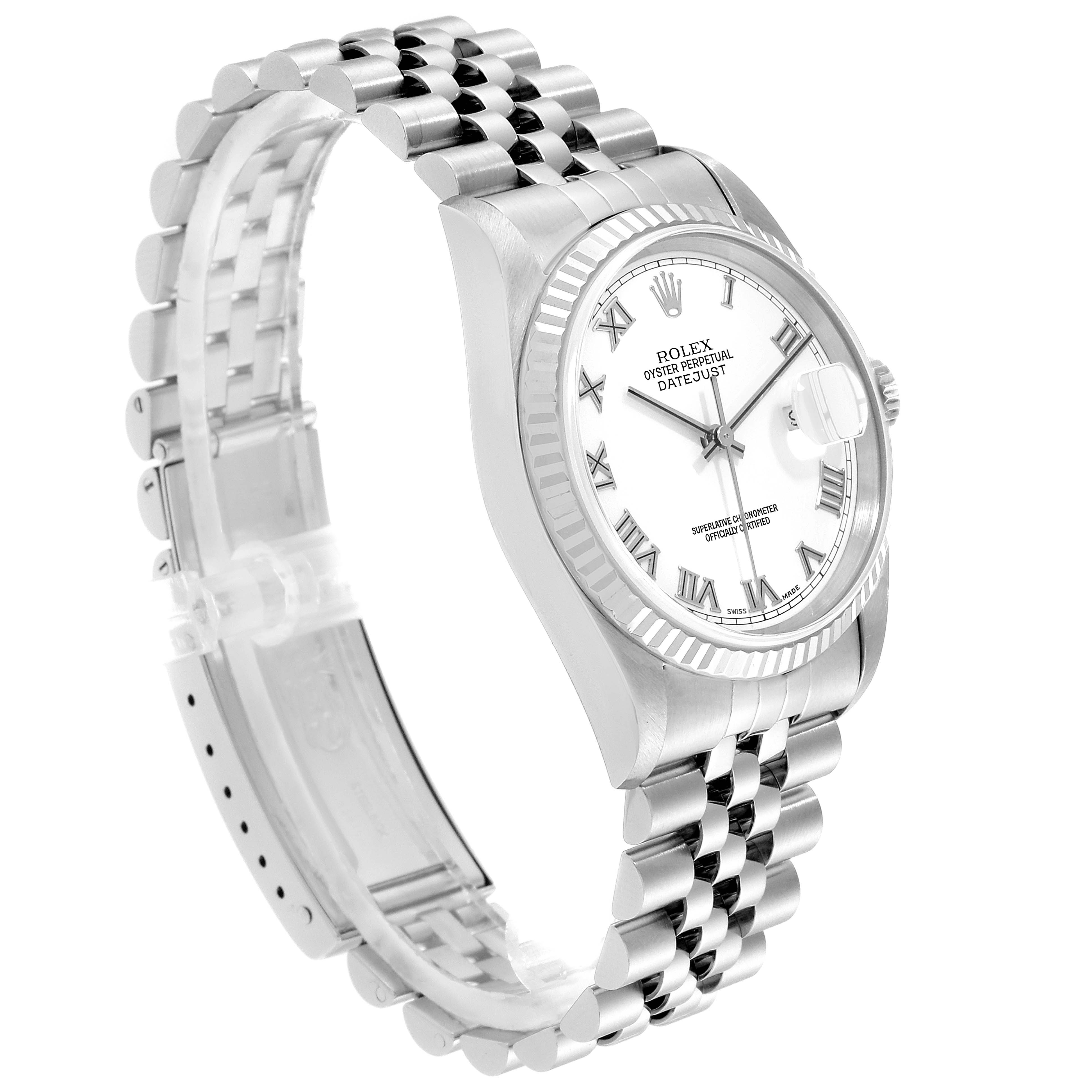 The image shows a Rolex Datejust 16234 Men's Stainless Steel White Dial 16234 Men's Stainless Steel White Dial watch at a three-quarter angle, highlighting its bracelet, case, bezel, and dial.