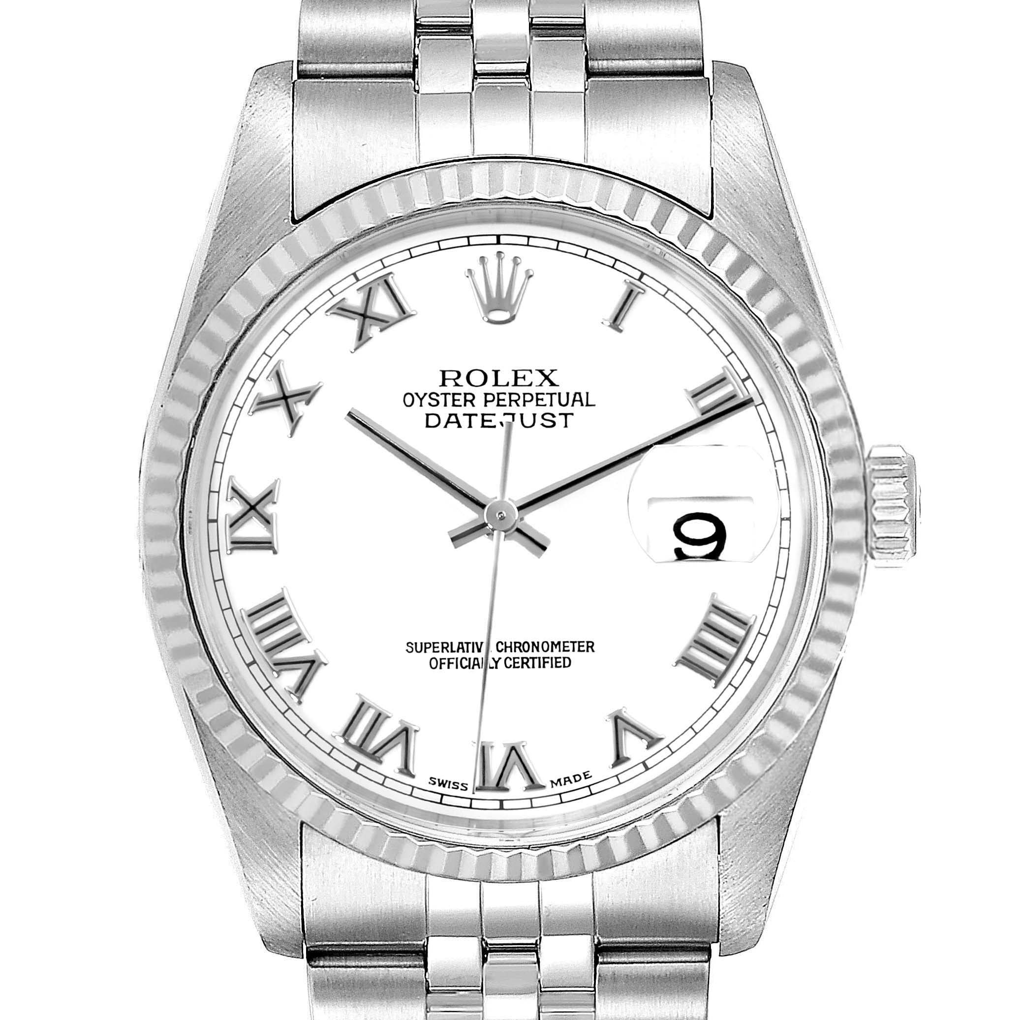 The image shows a Rolex Datejust 16234 Men's Stainless Steel White Dial 16234 Men's Stainless Steel White Dial watch from a front angle, displaying the dial, Roman numerals, bezel, and bracelet.