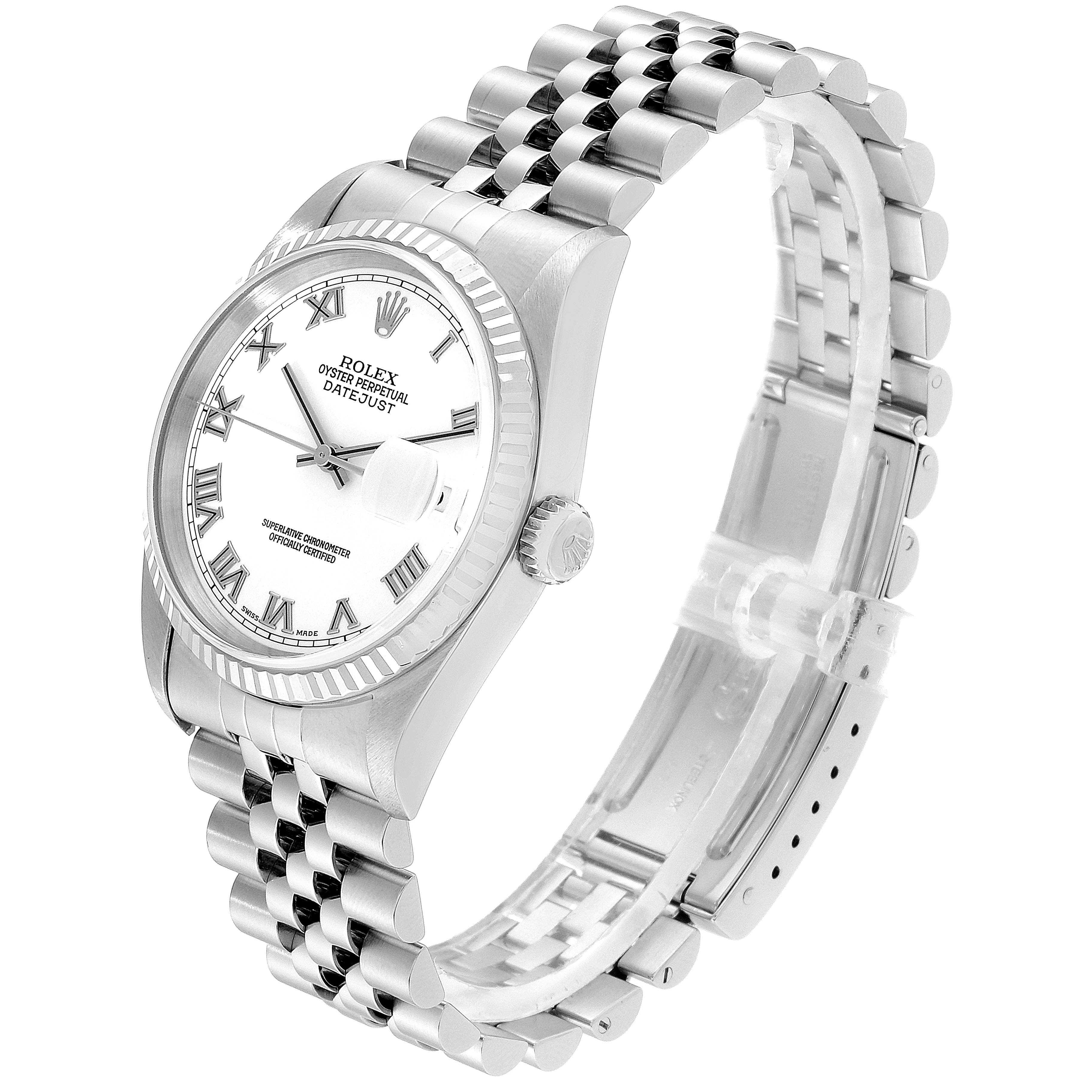 The image shows a side angle view of a Rolex Datejust 16234 Men's Stainless Steel White Dial 16234 Men's Stainless Steel White Dial watch, highlighting its face, bezel, crown, and Jubilee bracelet.