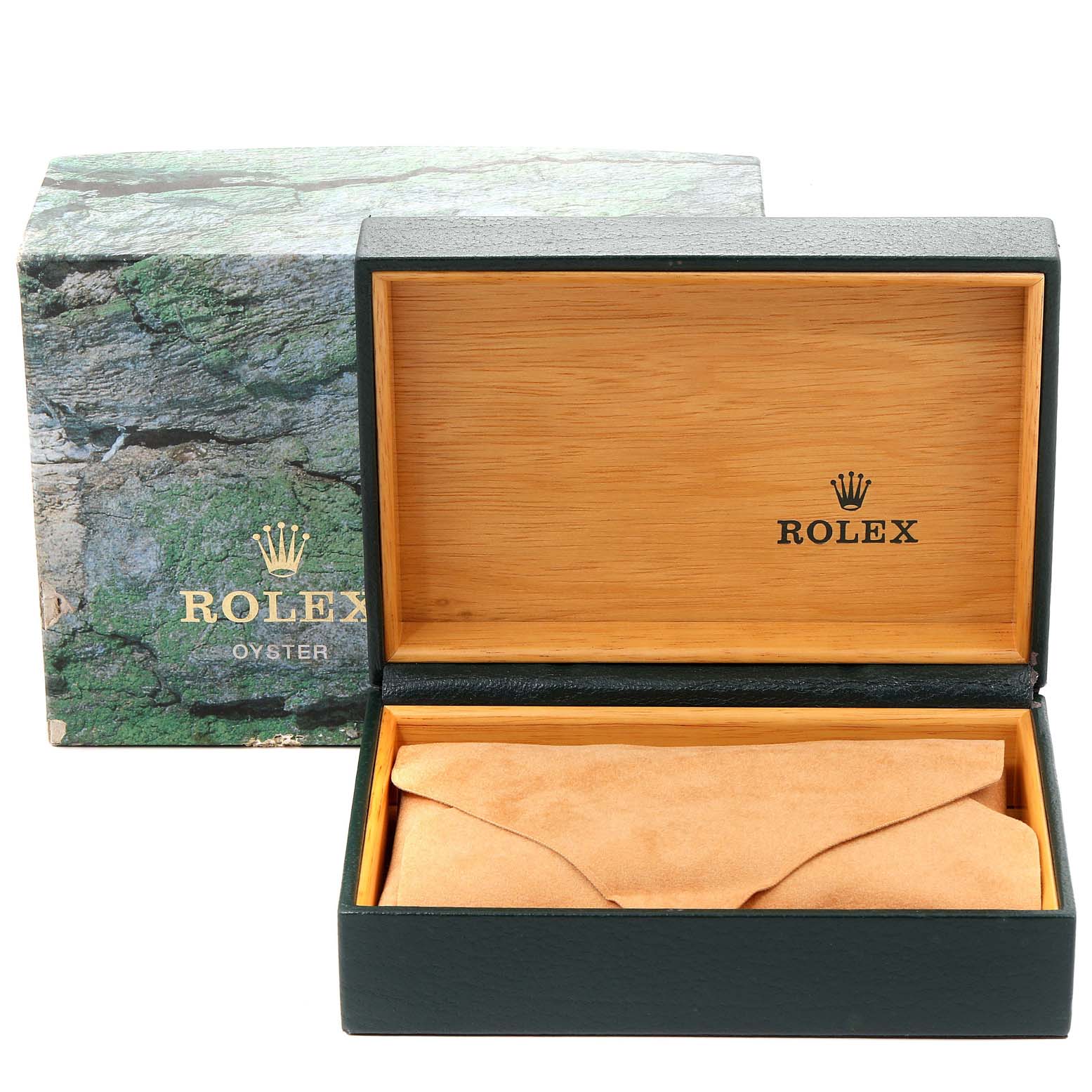 This image shows the open box for a Rolex Datejust 16234 Men's Stainless Steel White Dial 16234 Men's Stainless Steel White Dial watch, featuring the brand's logo and green and wood-themed design.