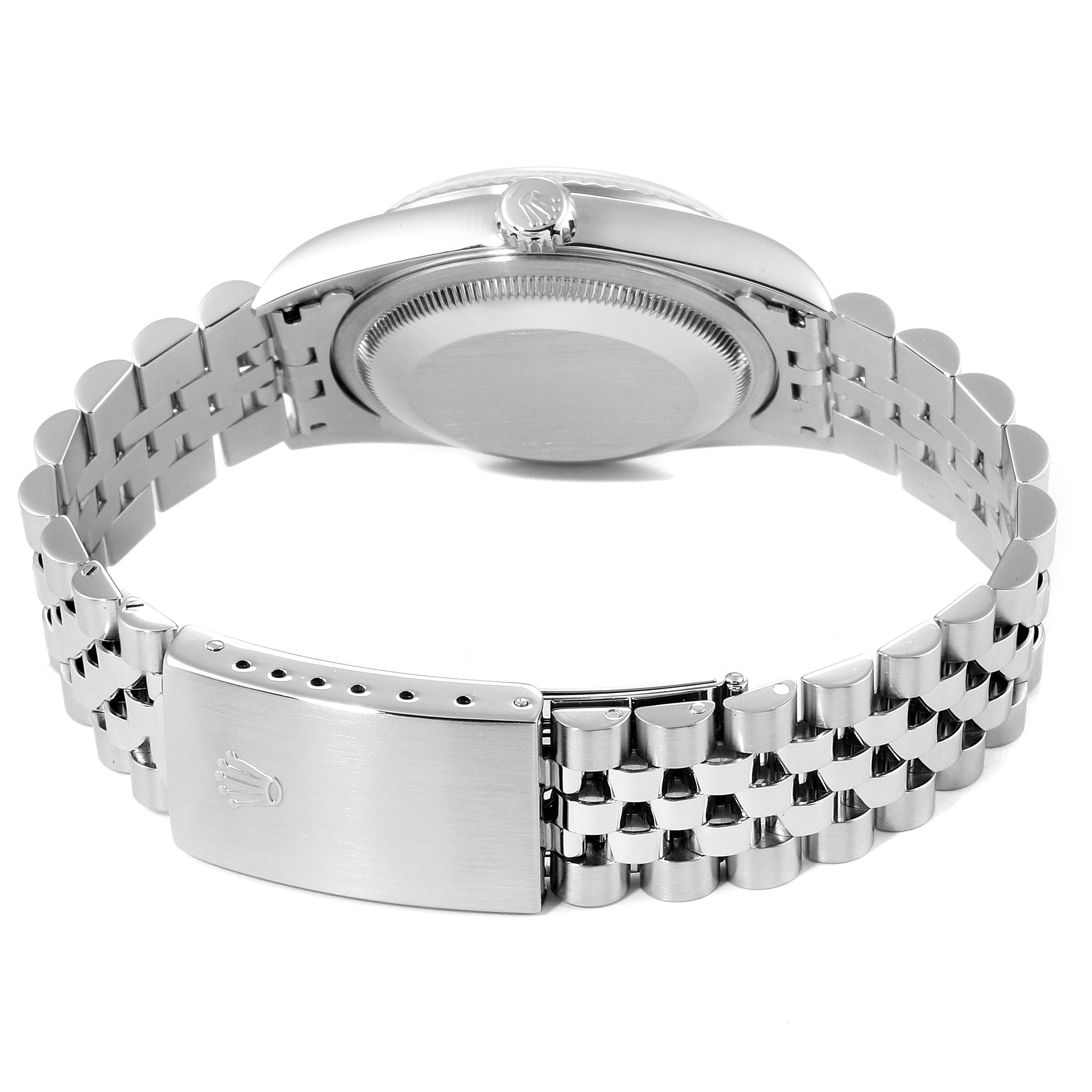 This image shows the case back and jubilee bracelet of a Rolex Datejust 16234 Men's Stainless Steel White Dial 16234 Men's Stainless Steel White Dial watch from a rear angle.