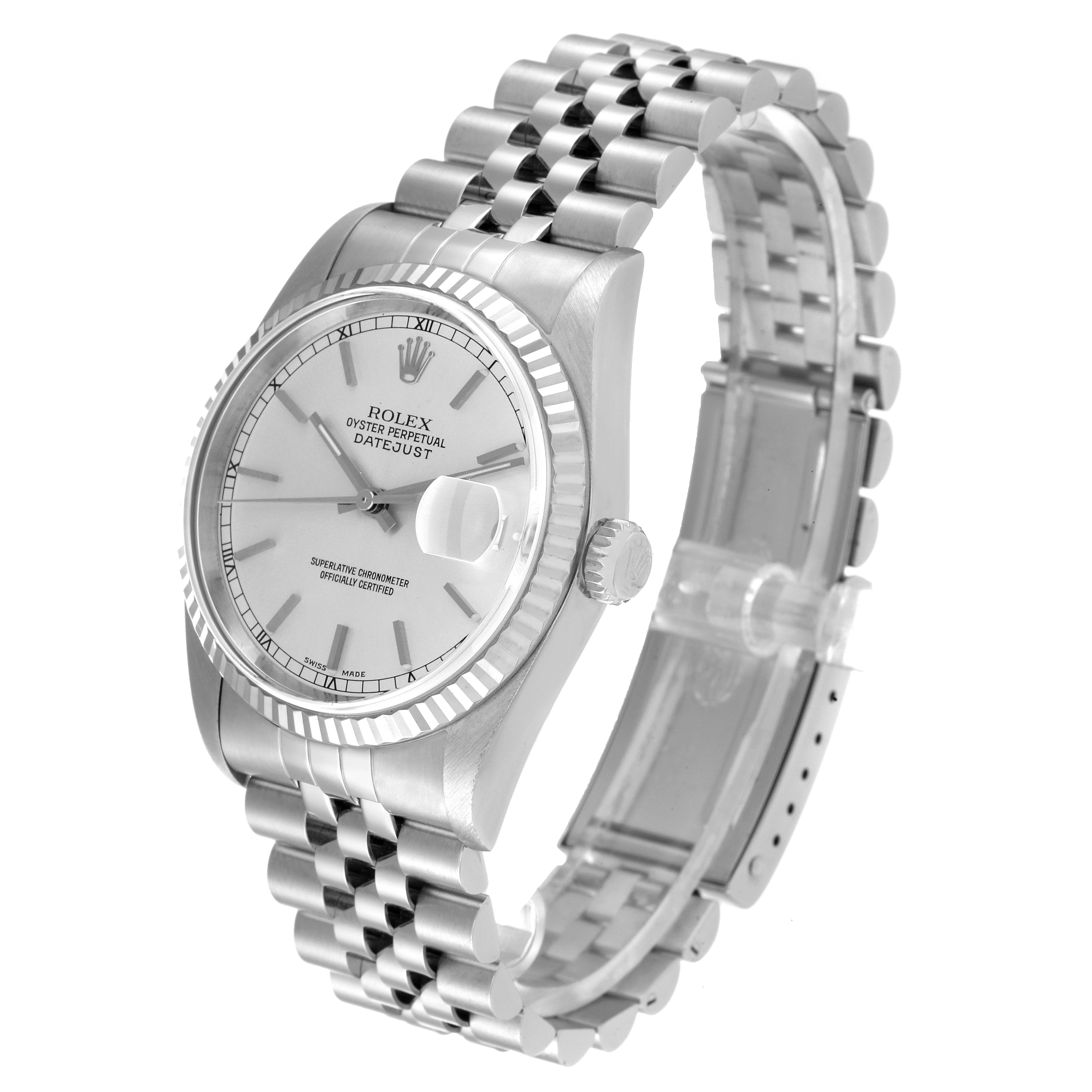 The image shows a Rolex Datejust 16234 Men's Stainless Steel Silver Dial 16234 Men's Stainless Steel Silver Dial watch at a three-quarter angle, highlighting its face, bezel, crown, and Jubilee bracelet.