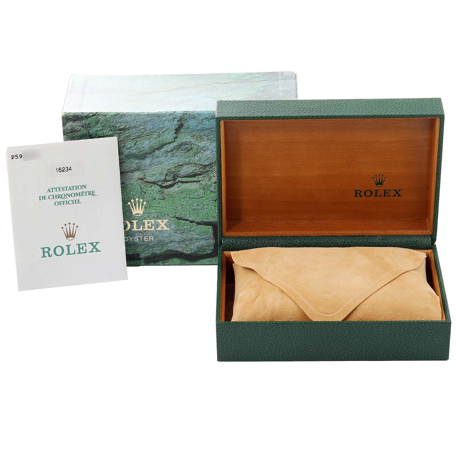 The image shows the packaging and documentation for a Rolex Datejust 16234 Men's Stainless Steel Silver Dial 16234 Men's Stainless Steel Silver Dial watch, including an open box and official booklet.