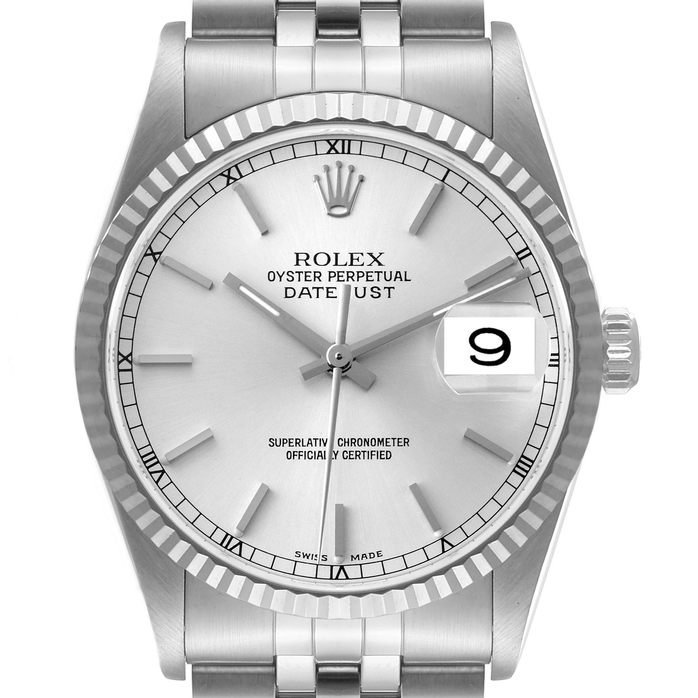 The image shows a frontal view of a Rolex Datejust 16234 Men's Stainless Steel Silver Dial 16234 Men's Stainless Steel Silver Dial watch, including the dial, bezel, crown, and part of the bracelet.