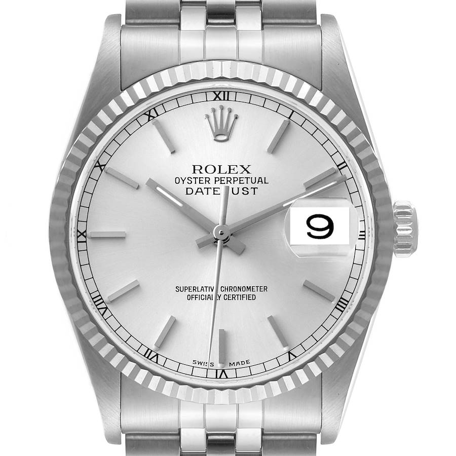 The image shows a frontal view of a Rolex Datejust watch, including the dial, bezel, crown, and part of the bracelet.