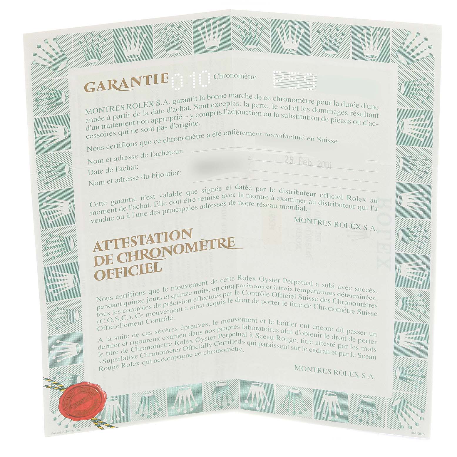 The image shows a Rolex Datejust 16234 Men's Stainless Steel Silver Dial 16234 Men's Stainless Steel Silver Dial's warranty and official chronometer certification document at an angled view.