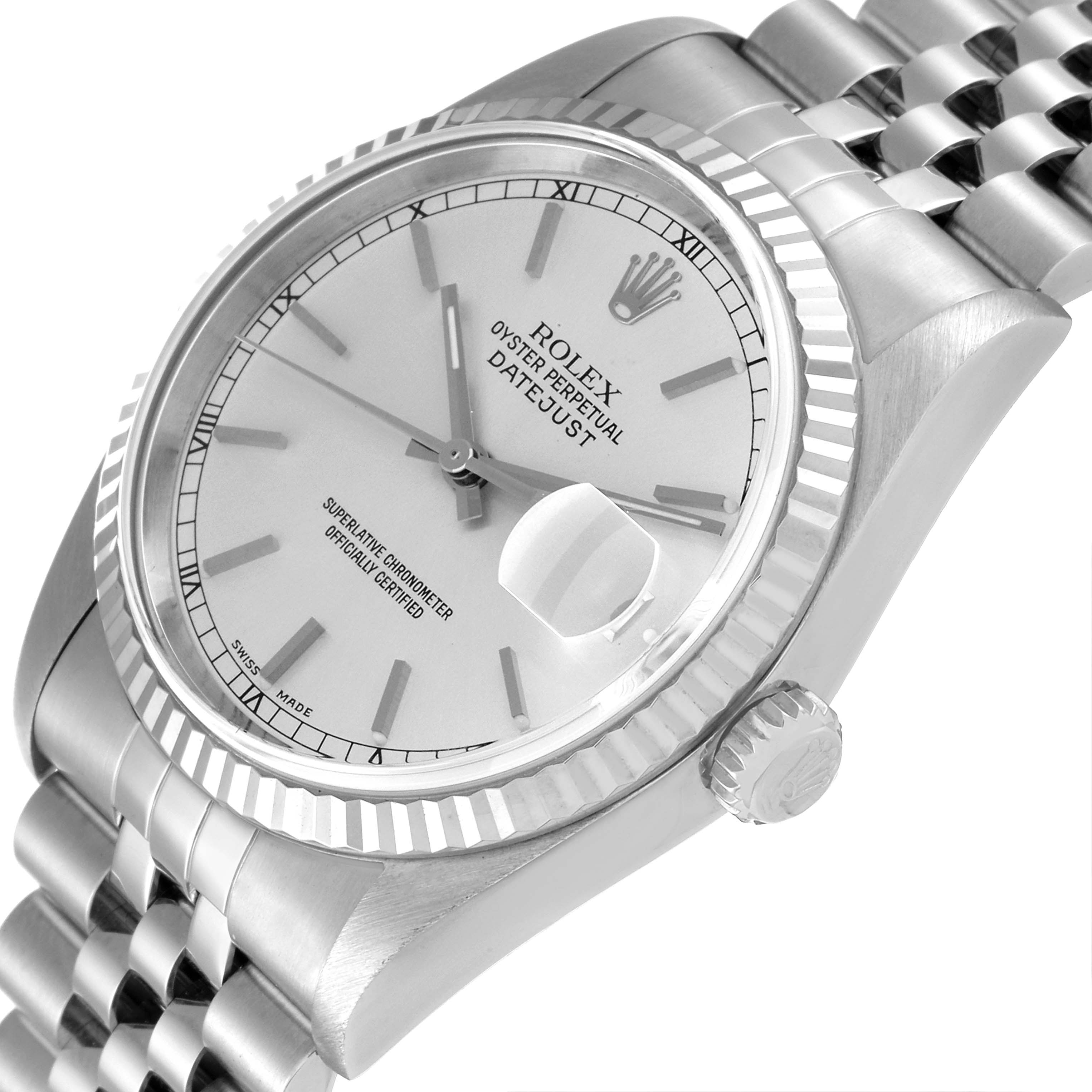 This image shows a Rolex Datejust 16234 Men's Stainless Steel Silver Dial 16234 Men's Stainless Steel Silver Dial watch from an angled top-down view, highlighting the dial, bezel, and part of the bracelet.