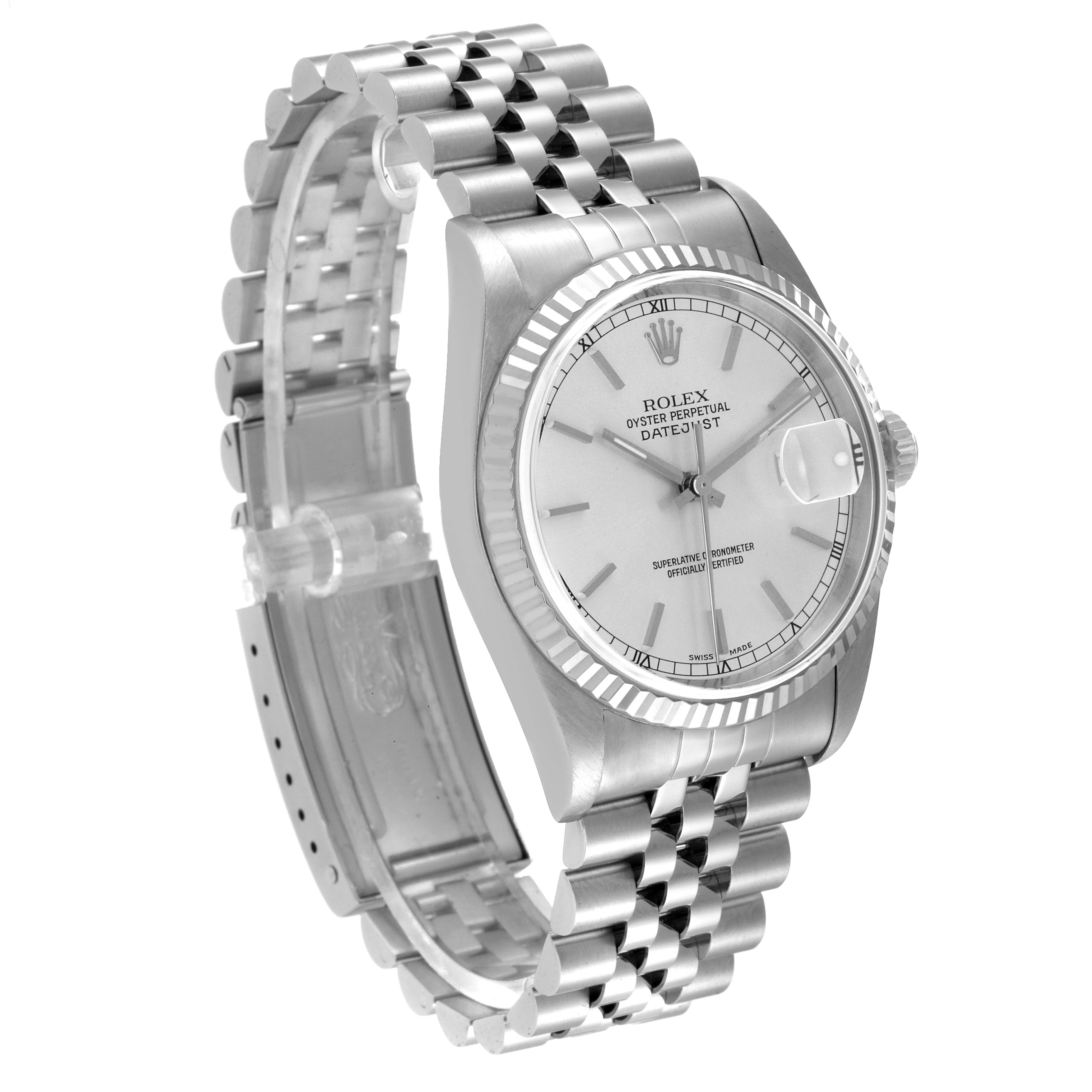 The image shows a side-profile angle of a Rolex Datejust 16234 Men's Stainless Steel Silver Dial 16234 Men's Stainless Steel Silver Dial, highlighting the bracelet, case, and dial with date magnifier.