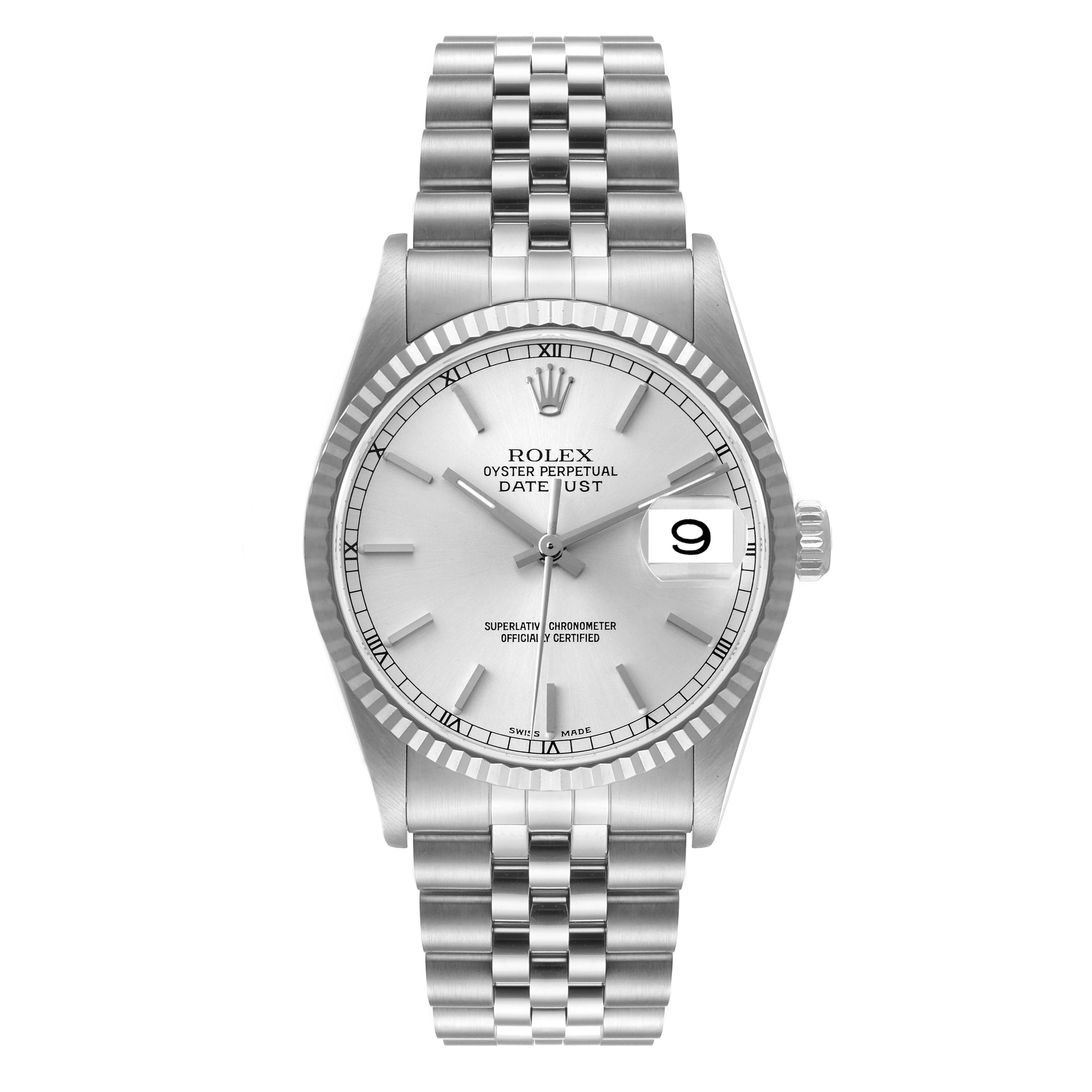 The image shows a front view of the Rolex Datejust 16234 Men's Stainless Steel Silver Dial 16234 Men's Stainless Steel Silver Dial watch, highlighting its face, bezel, and bracelet.