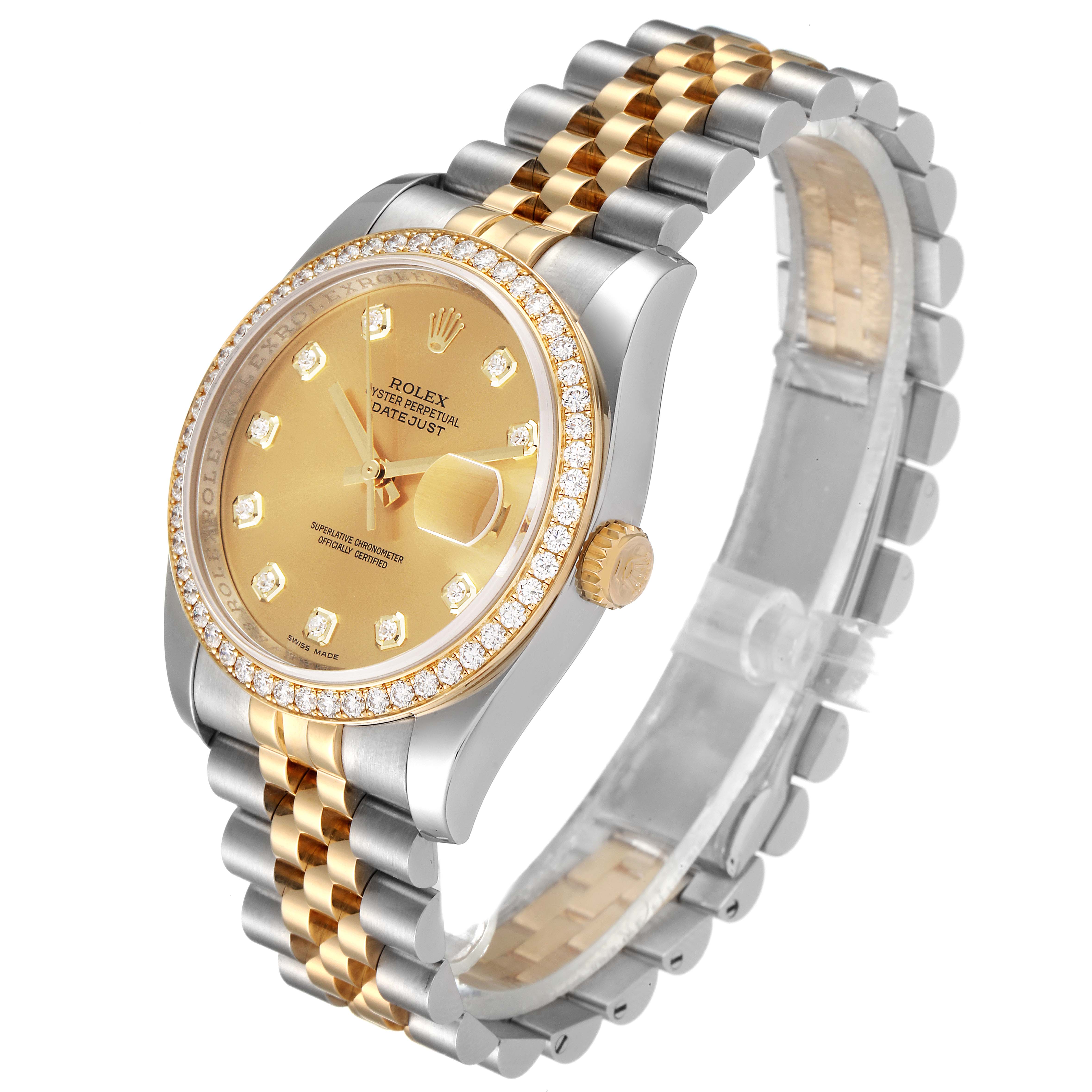 The Rolex Datejust 116243 Men's Steel and Gold (two tone) Champagne Dial 116243 Men's Steel and Gold (two tone) Champagne Dial watch is shown at an angle displaying its face, bezel, crown, and two-tone bracelet.