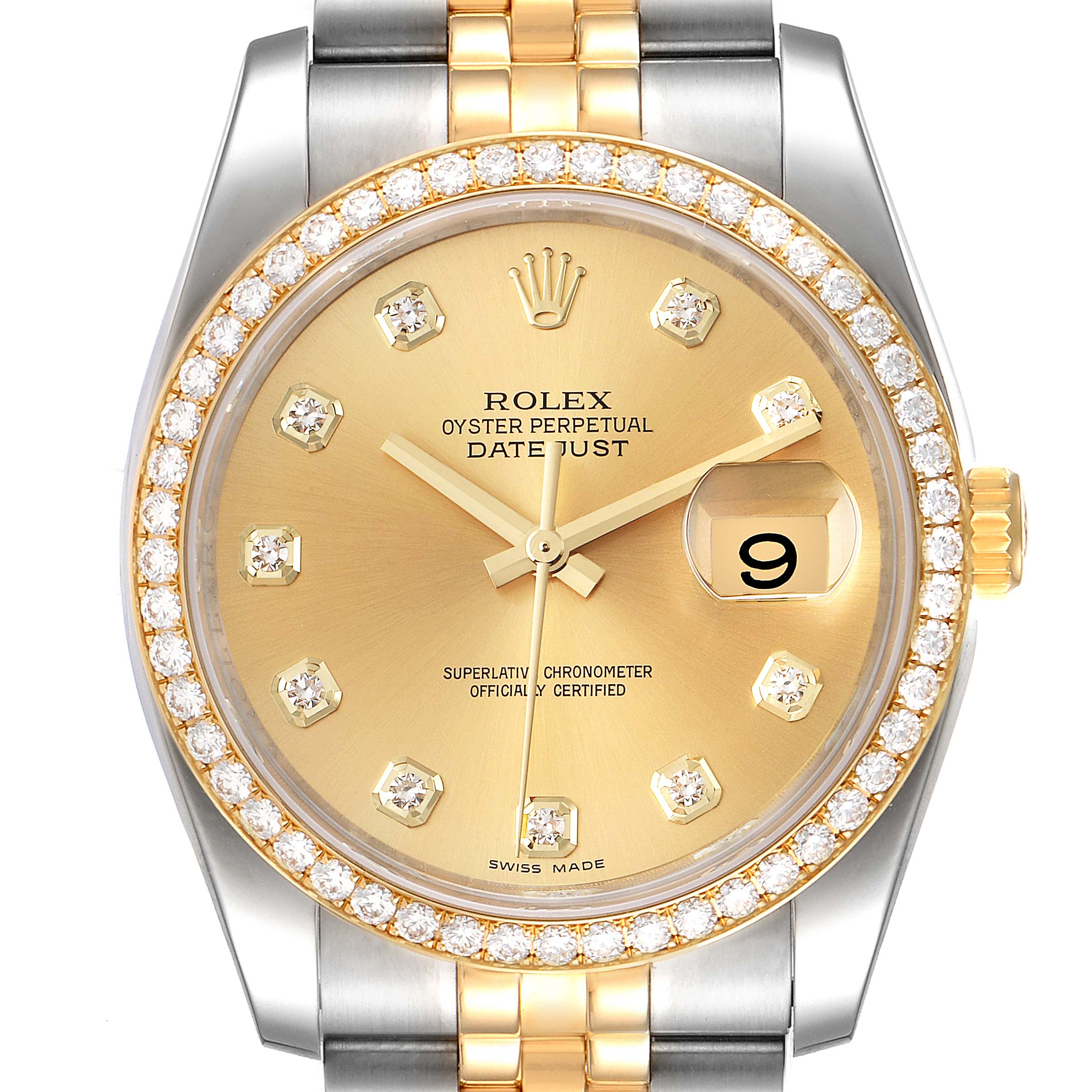 This is a front-facing view of a Rolex Datejust 116243 Men's Steel and Gold (two tone) Champagne Dial 116243 Men's Steel and Gold (two tone) Champagne Dial watch, displaying its face, bezel, and part of the bracelet.