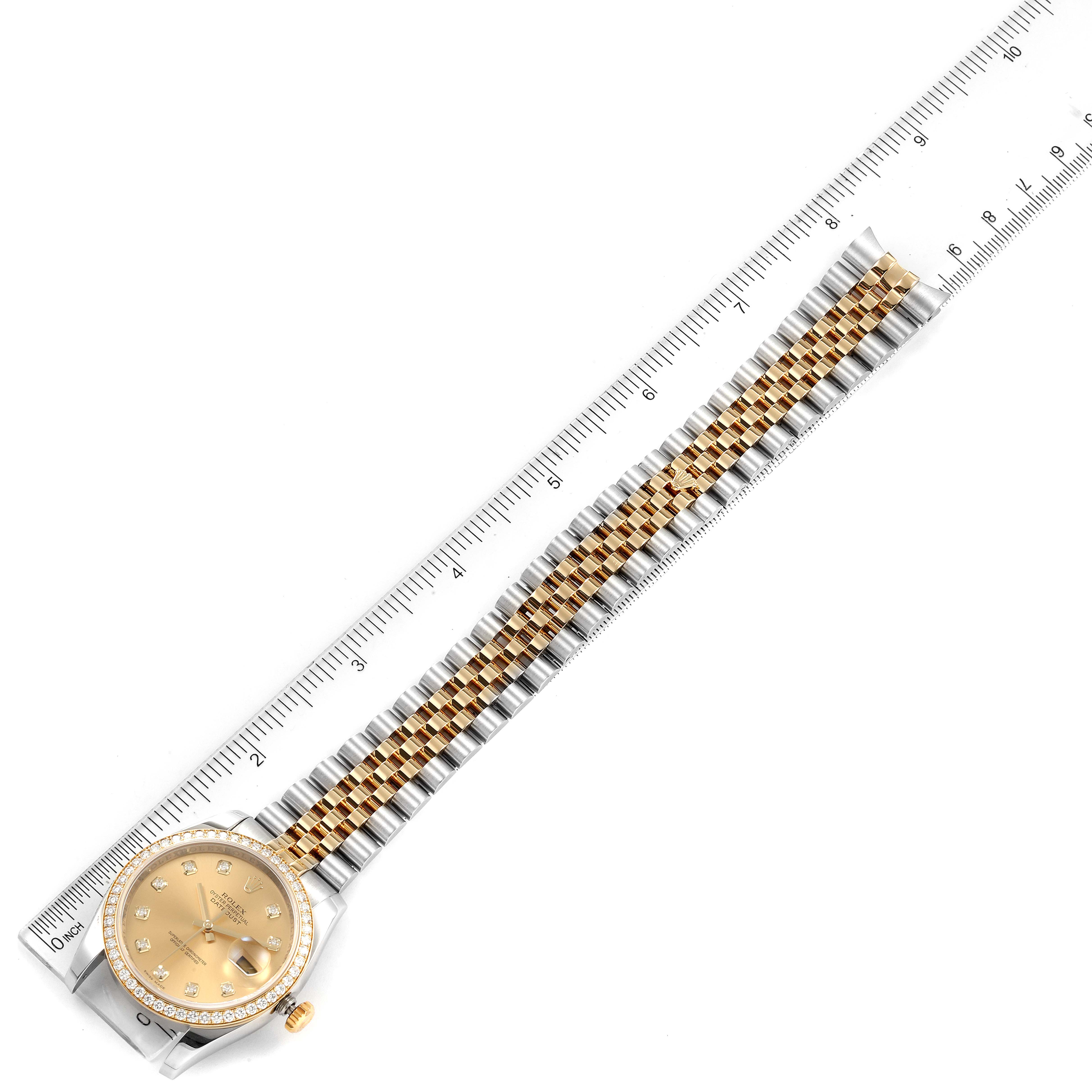 The Rolex Datejust 116243 Men's Steel and Gold (two tone) Champagne Dial 116243 Men's Steel and Gold (two tone) Champagne Dial watch is shown from a top-down angle, displaying its full length, bezel, dial, and bracelet.
