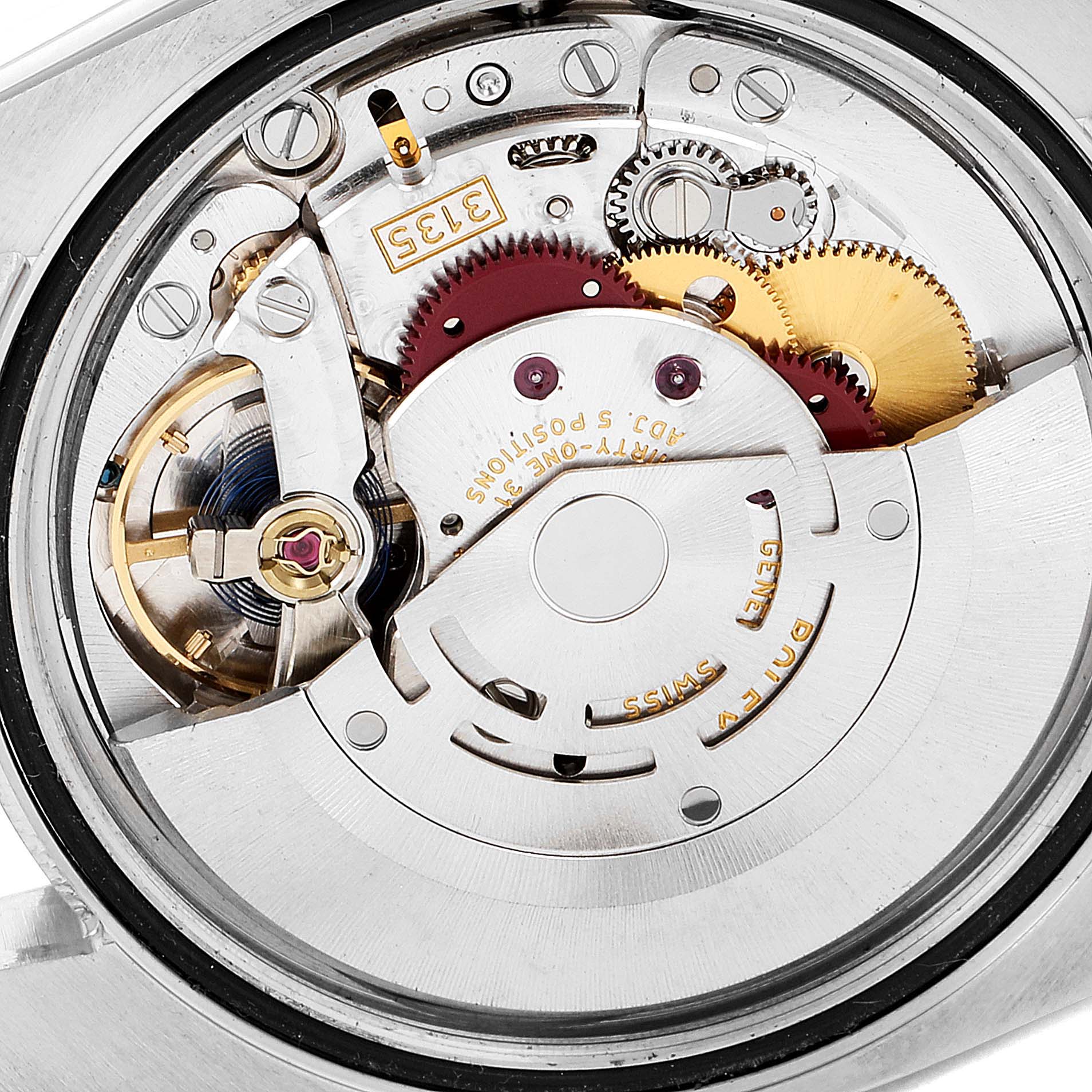 This image shows a close-up of the internal mechanical movement of a Rolex Datejust 116243 Men's Steel and Gold (two tone) Champagne Dial 116243 Men's Steel and Gold (two tone) Champagne Dial watch, highlighting its gears and components.