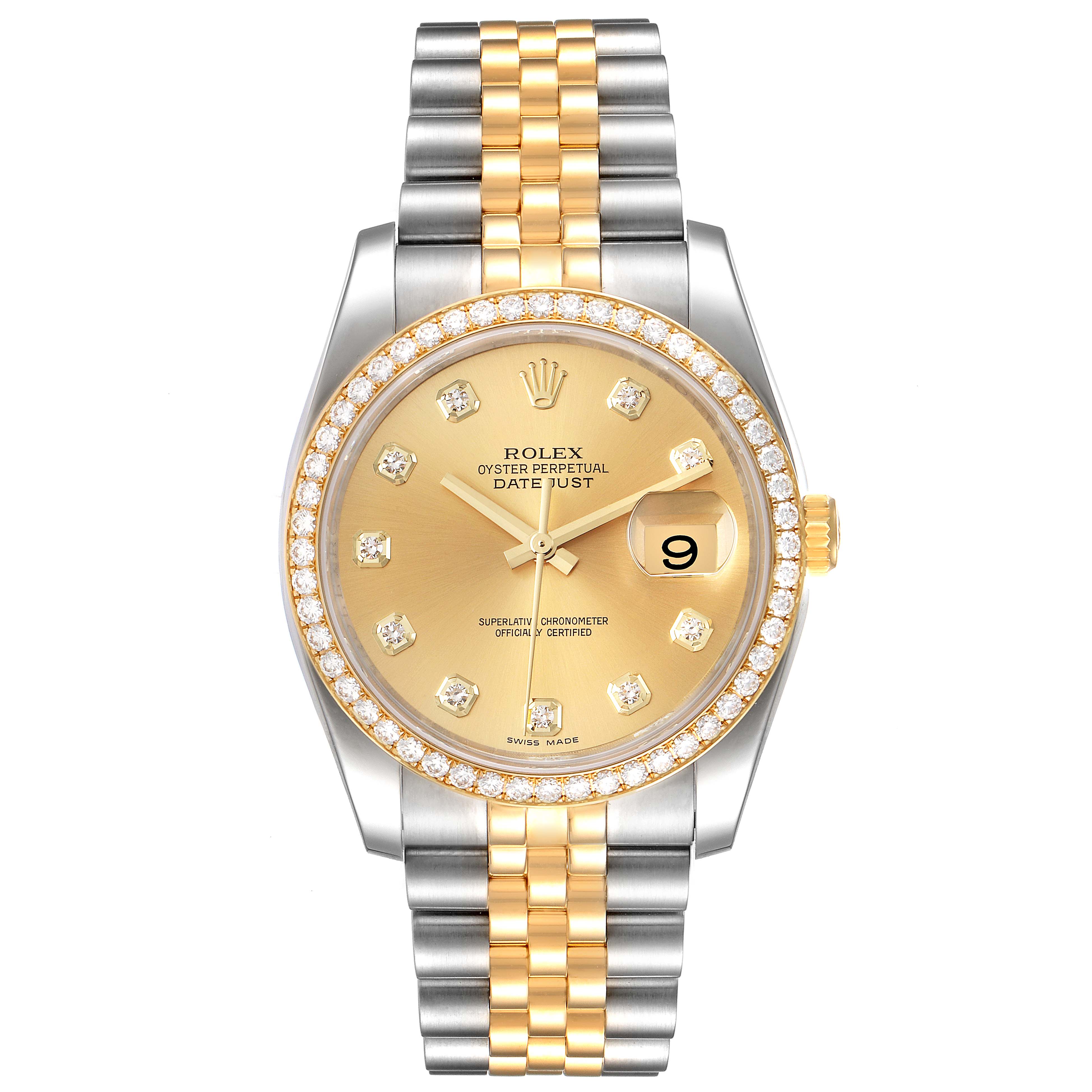 The image shows a Rolex Datejust 116243 Men's Steel and Gold (two tone) Champagne Dial 116243 Men's Steel and Gold (two tone) Champagne Dial watch from a top-down angle featuring the dial, bezel, and bracelet.